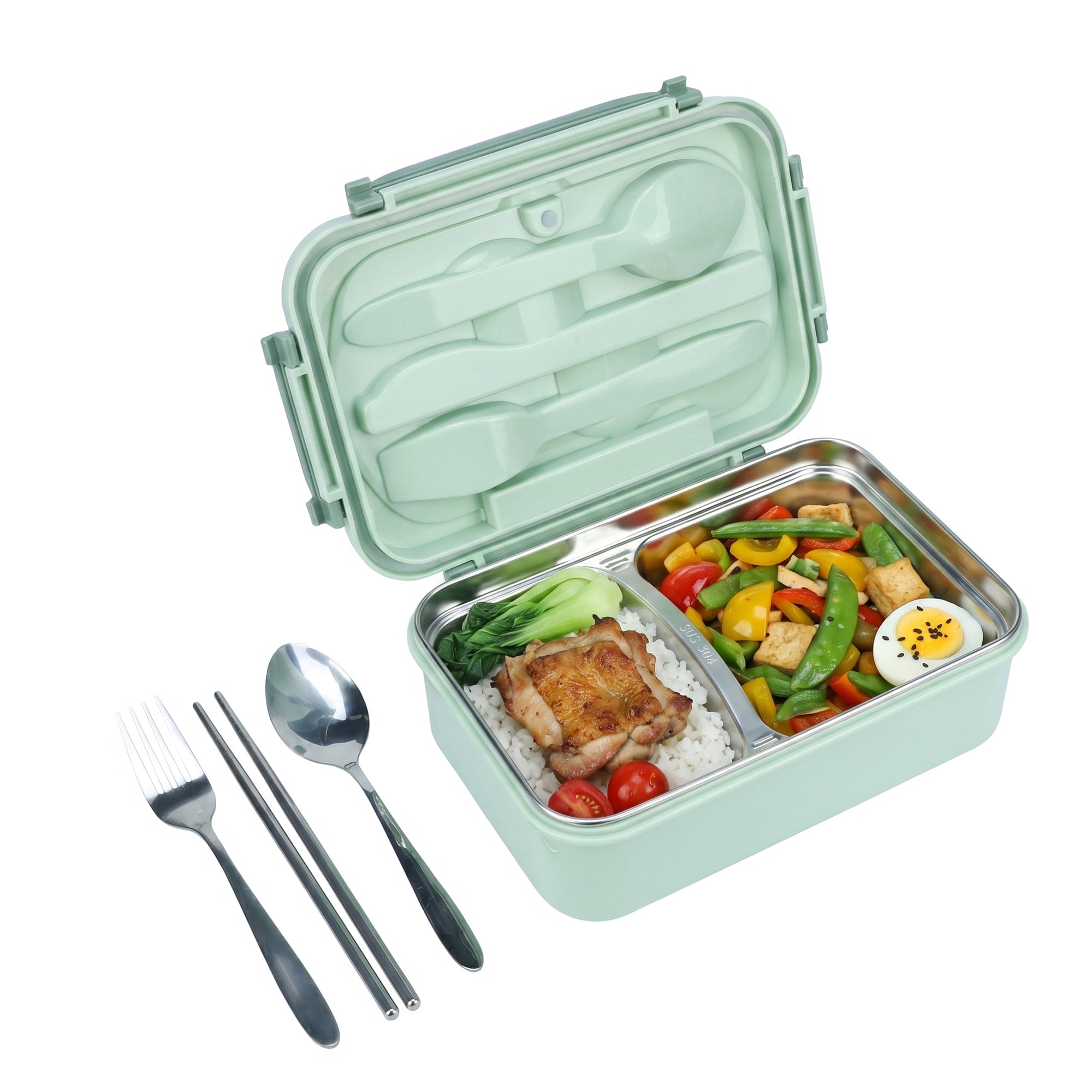 Unique Bargains 3-Compartment Leak-Proof  Lunch Bento Box with Utensils Mint Green-2