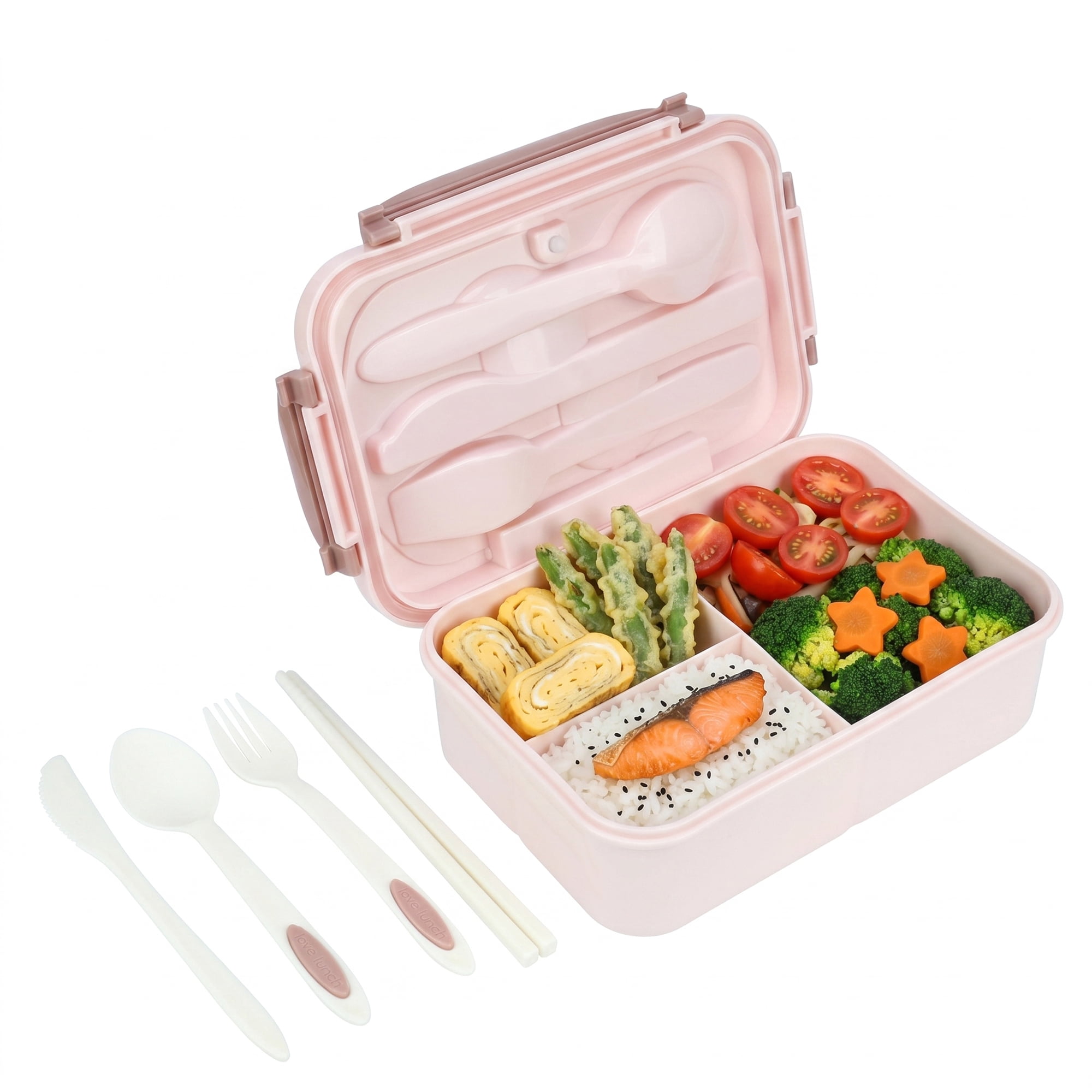 Unique Bargains 3-Compartment Leak-Proof  Lunch Bento Box with Utensils Pink