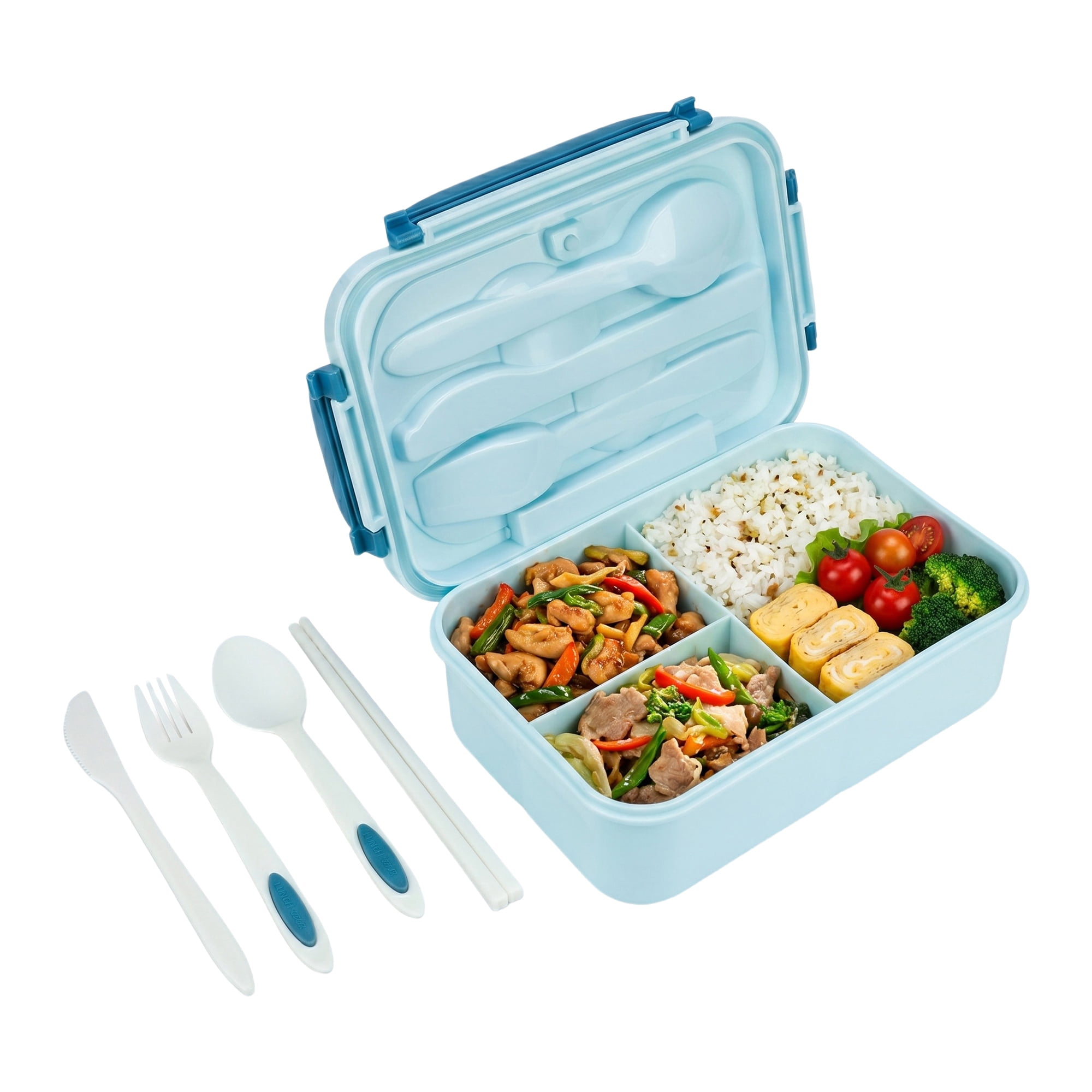 Unique Bargains 3-Compartment Leak-Proof  Lunch Bento Box with Utensils Royal Blue-1