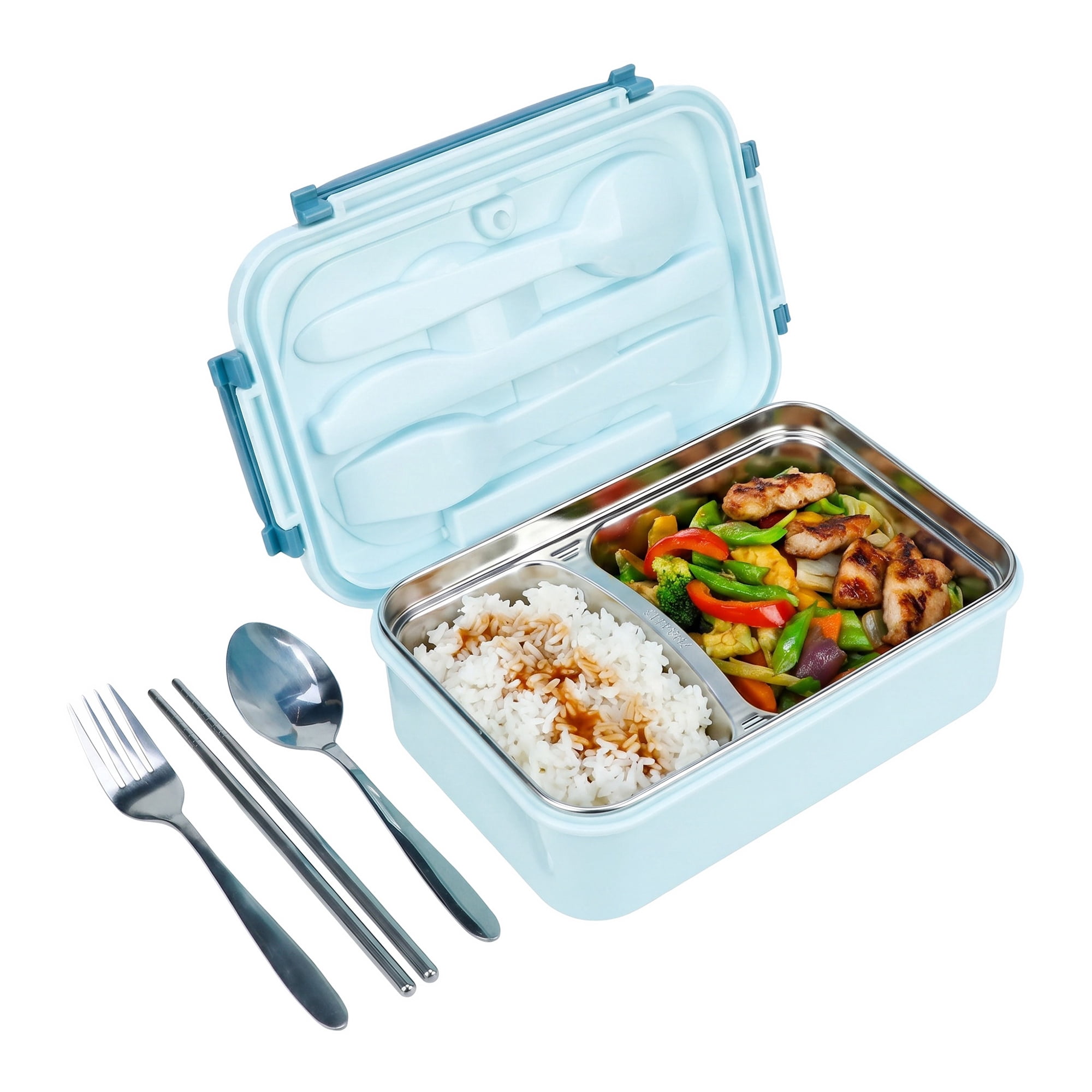 Unique Bargains 3-Compartment Leak-Proof  Lunch Bento Box with Utensils Royal Blue-2