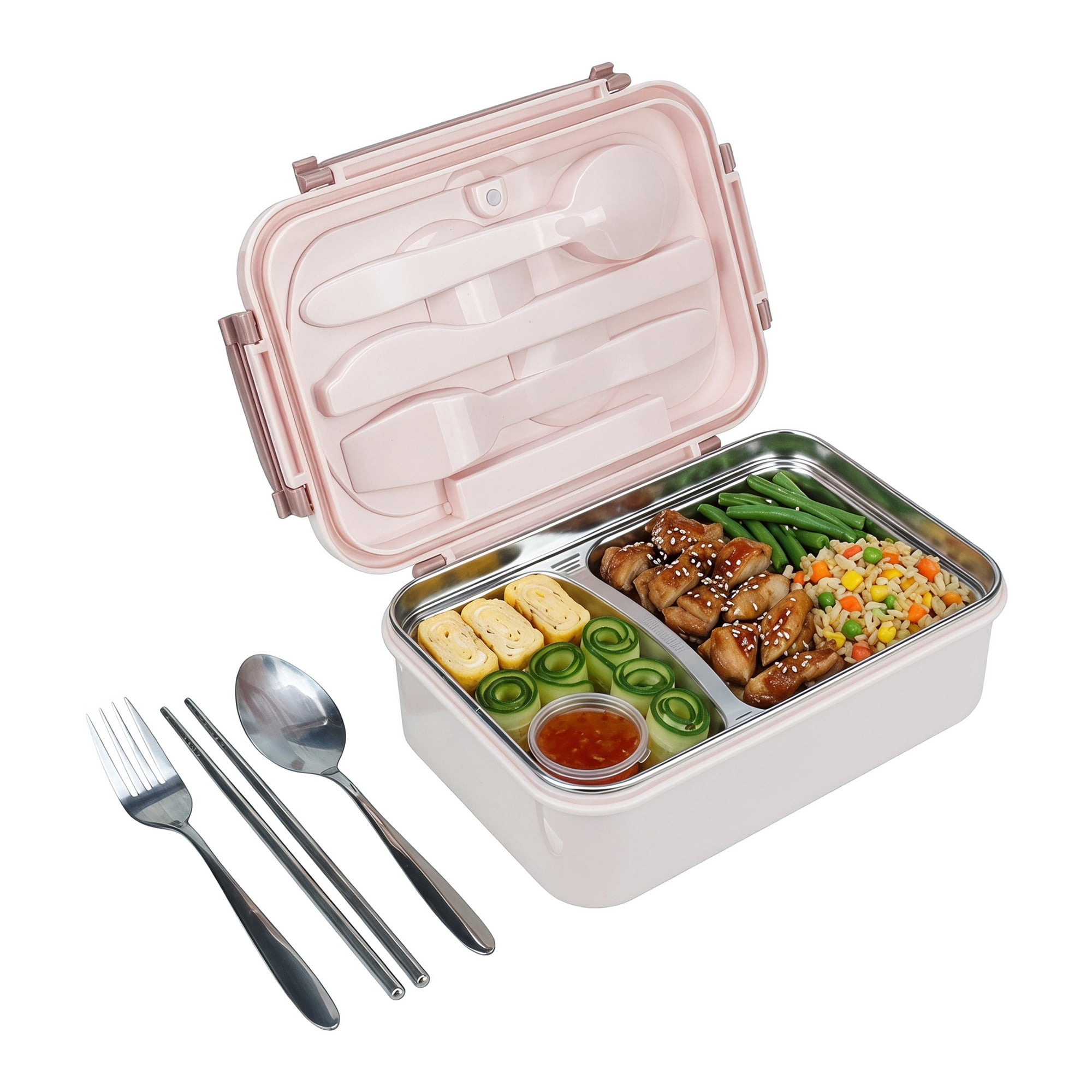 Unique Bargains 3-Compartment Leak-Proof  Lunch Bento Box with Utensils Sakura Pink