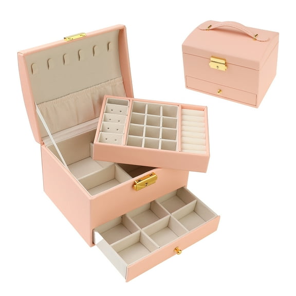 Unique Bargains 3 Layer Jewelry Box PU Leather Jewelry Organizer Case Storage Holder Pink