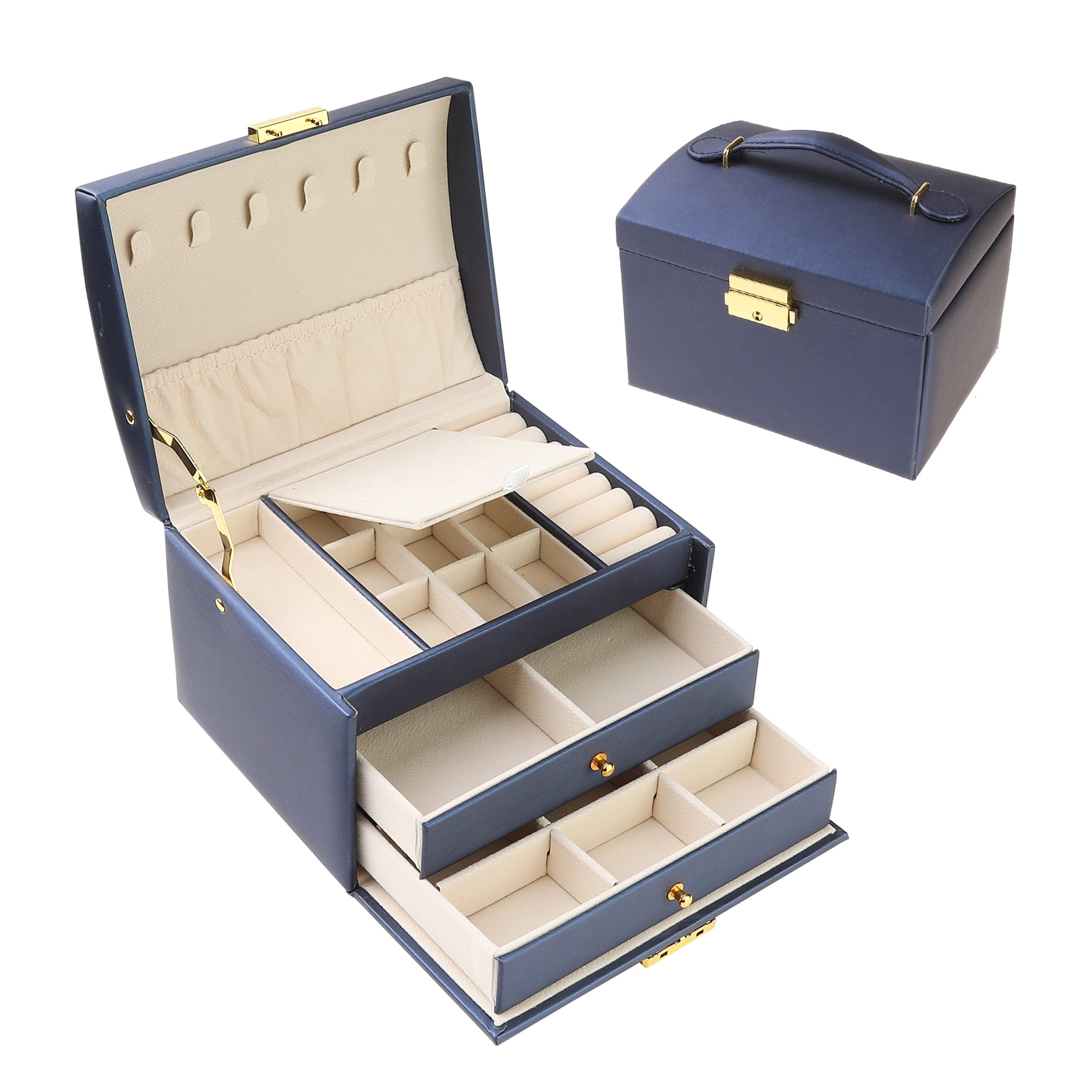 Unique Bargains 3 Layer Jewelry Box PU Leather Jewelry Organizer Case with Drawer Blue