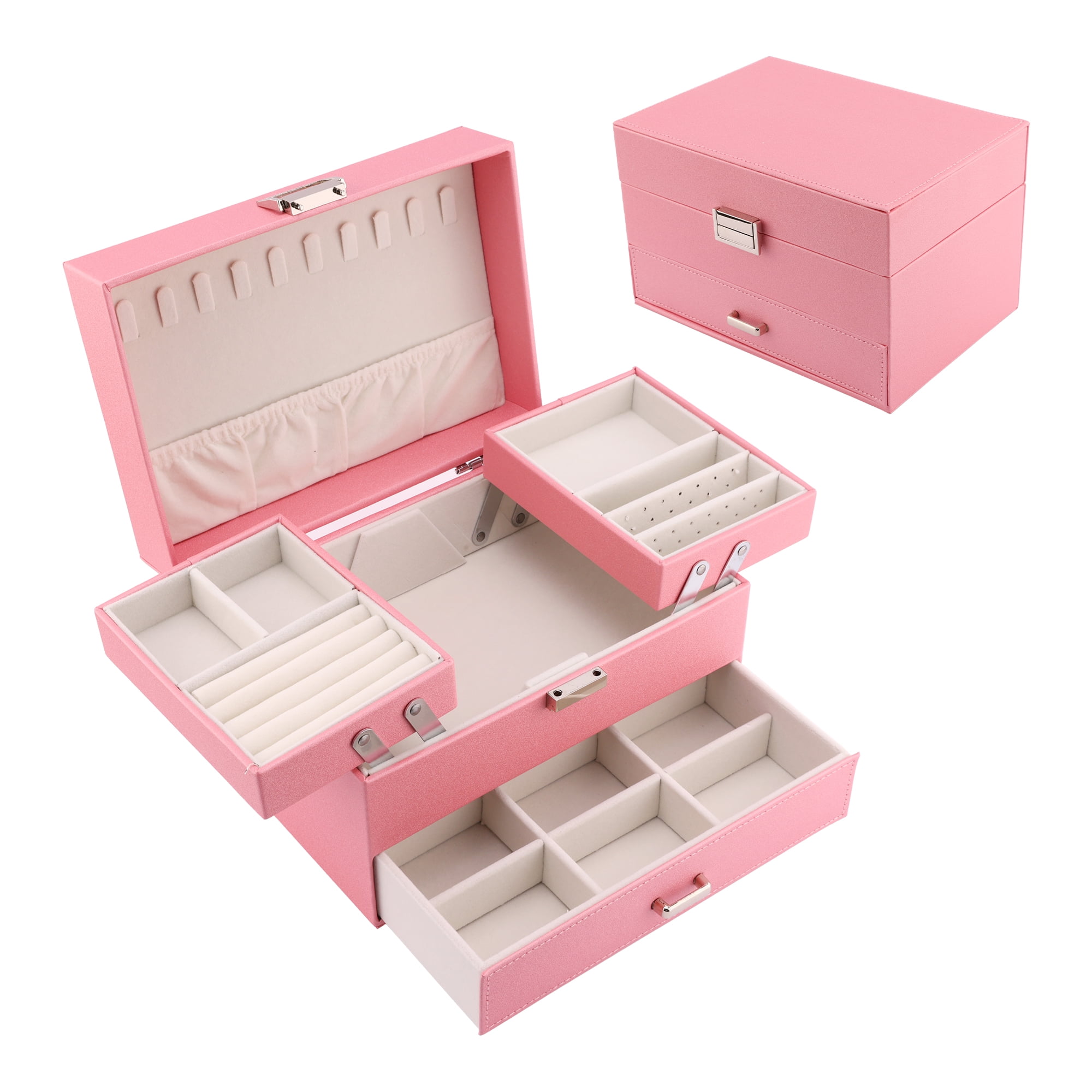 Unique Bargains 3 Layer Jewelry Box PU Leather Organizer Pink