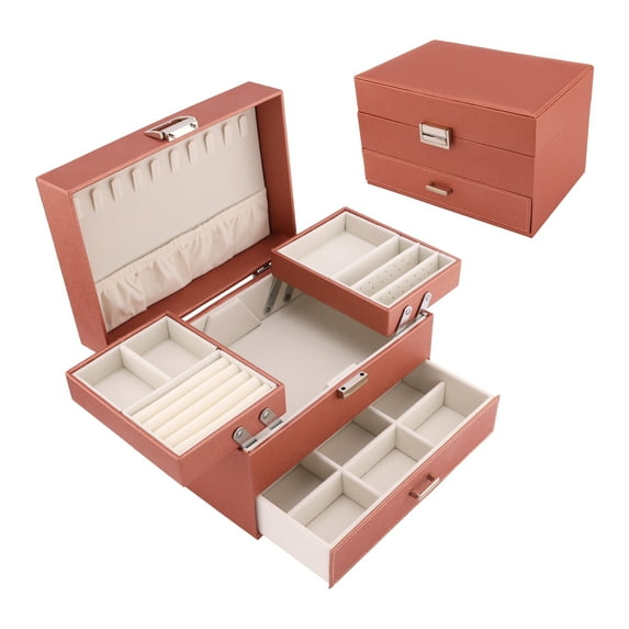 Unique Bargains 3 Layer Jewelry Box PU Leather Organizer Rose Gold