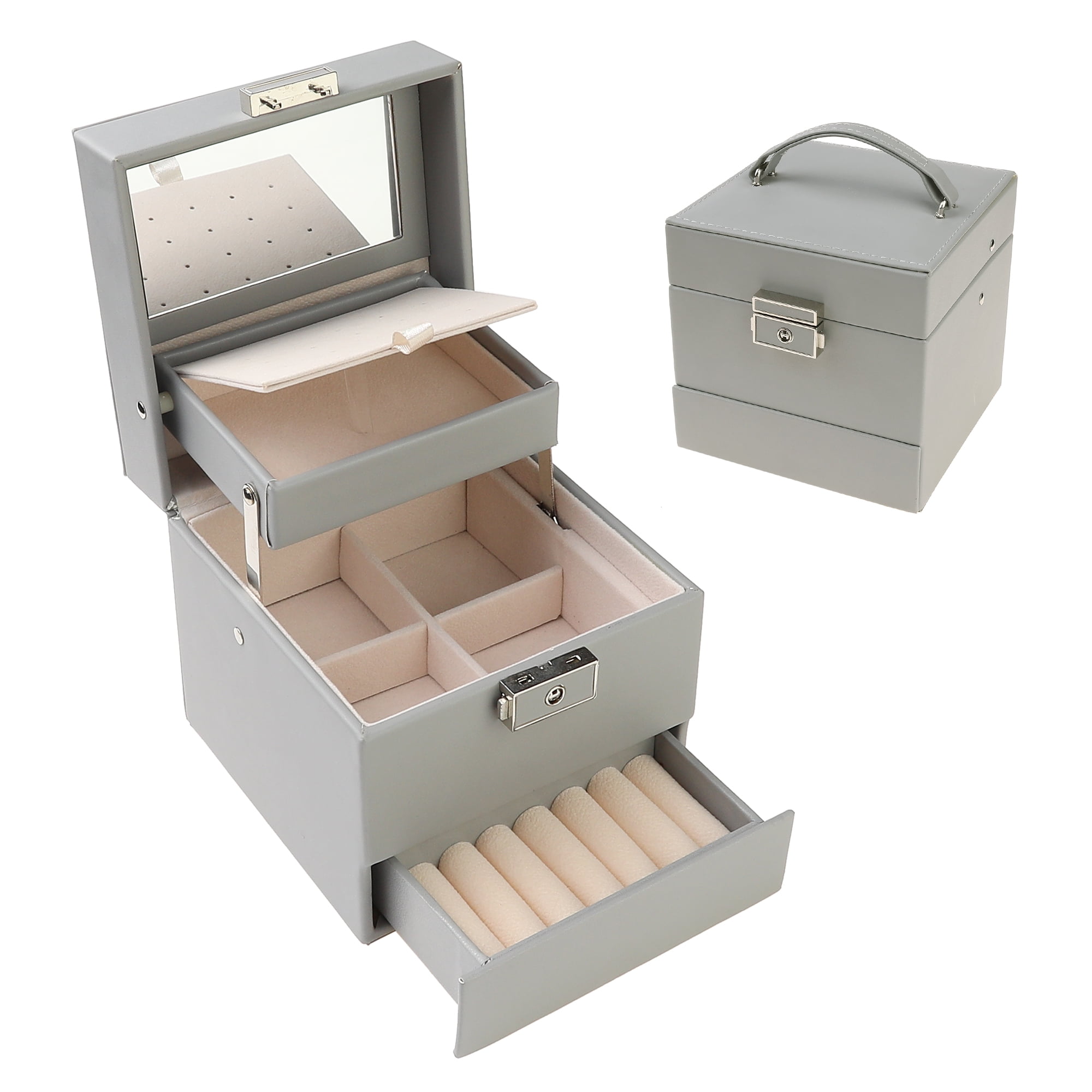 Unique Bargains 3 Layer Jewelry Box with Mirror PU Leather Jewelry Organizer for Women Gray