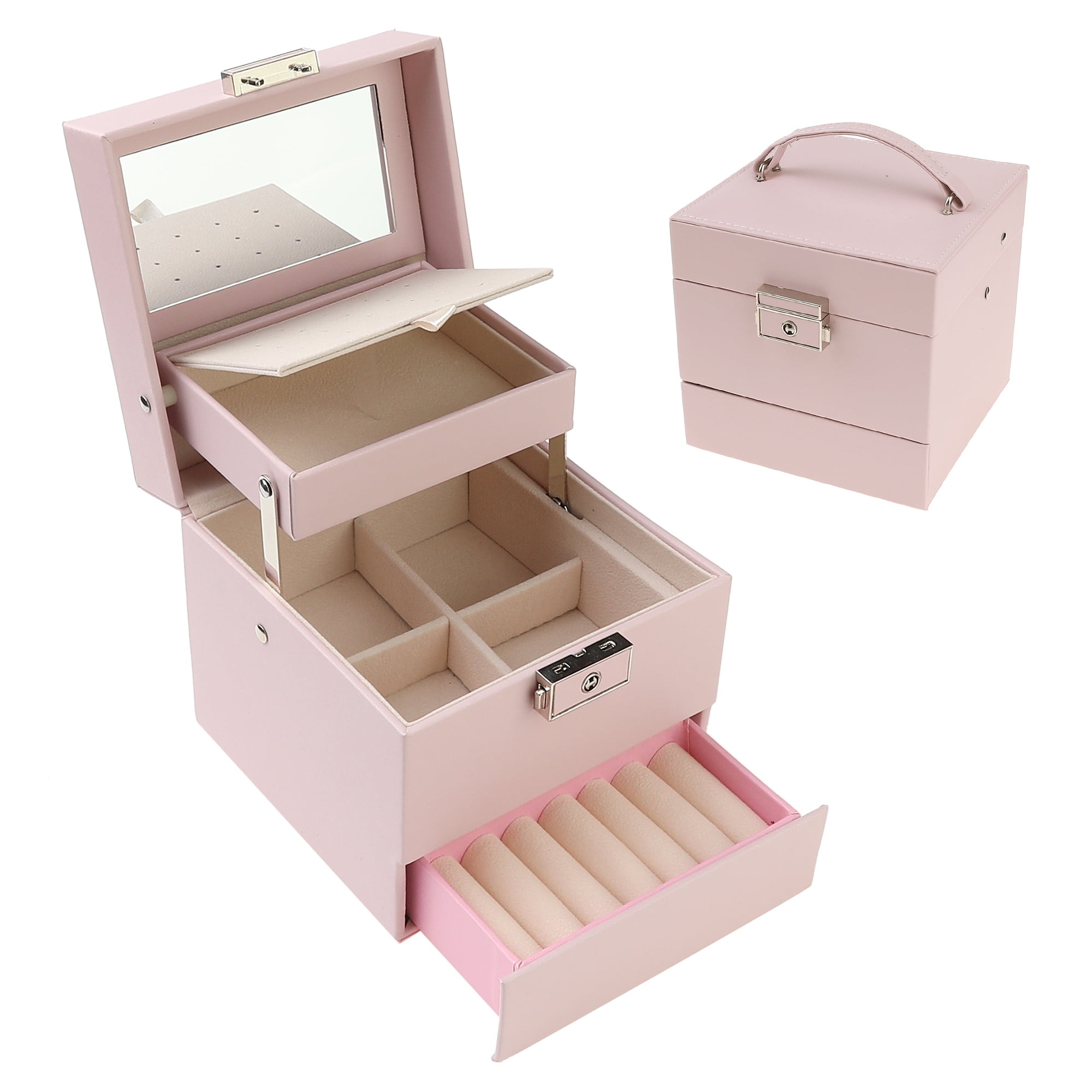 Unique Bargains 3 Layer Jewelry Box with Mirror PU Leather Jewelry Organizer for Women Pink