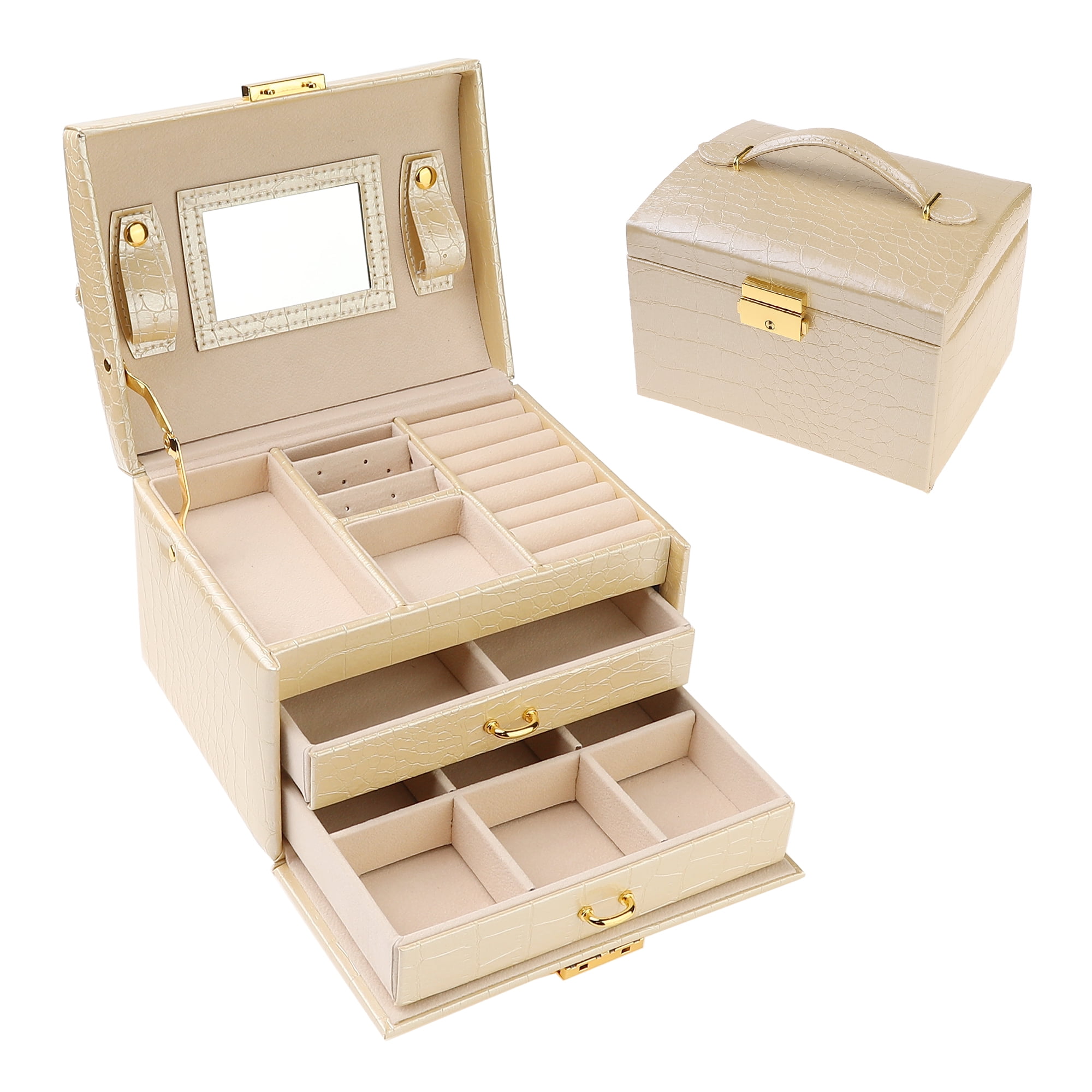 Unique Bargains 3 Layer Jewelry Box with Mirror for Women PU