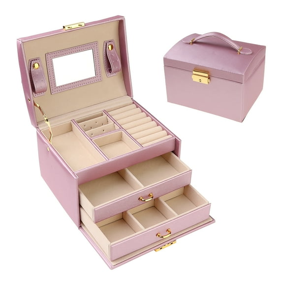 Unique Bargains 3 Layer Jewelry Box with Mirror for Women PU Leather Jewelry Organizer Purple