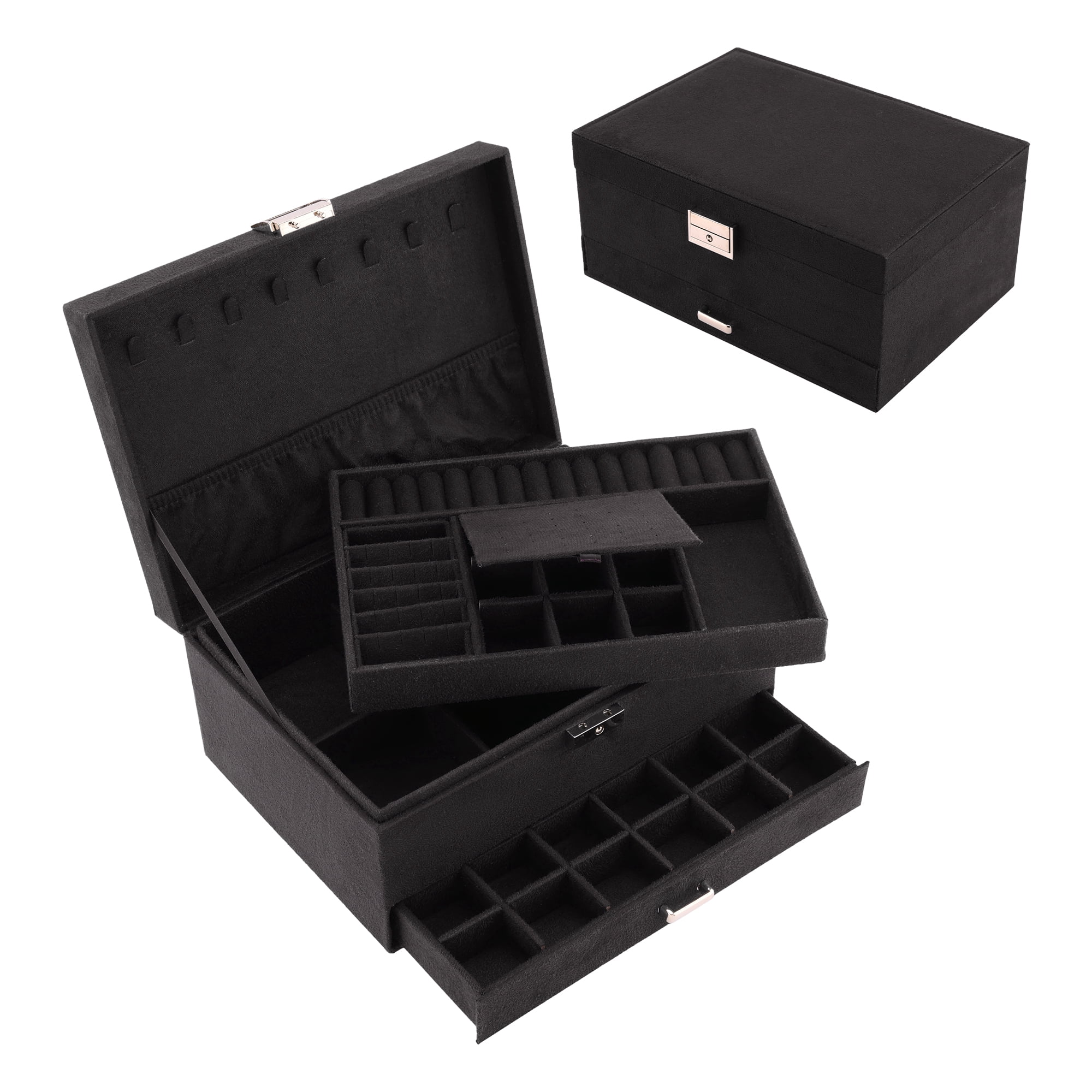 Unique Bargains 3 Layers Jewelry Box Organizer with Drawer Removable Tray Black