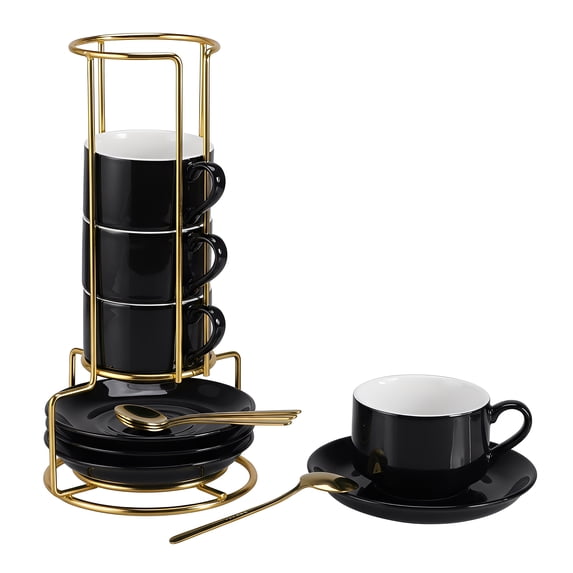 Unique Bargains 3 Ounce Espresso Cups Set of 4 Stackable Demitasse Mugs Includes Display Stand Cups Saucers and Spoons for Machines & Home Use Black Gold Tone
