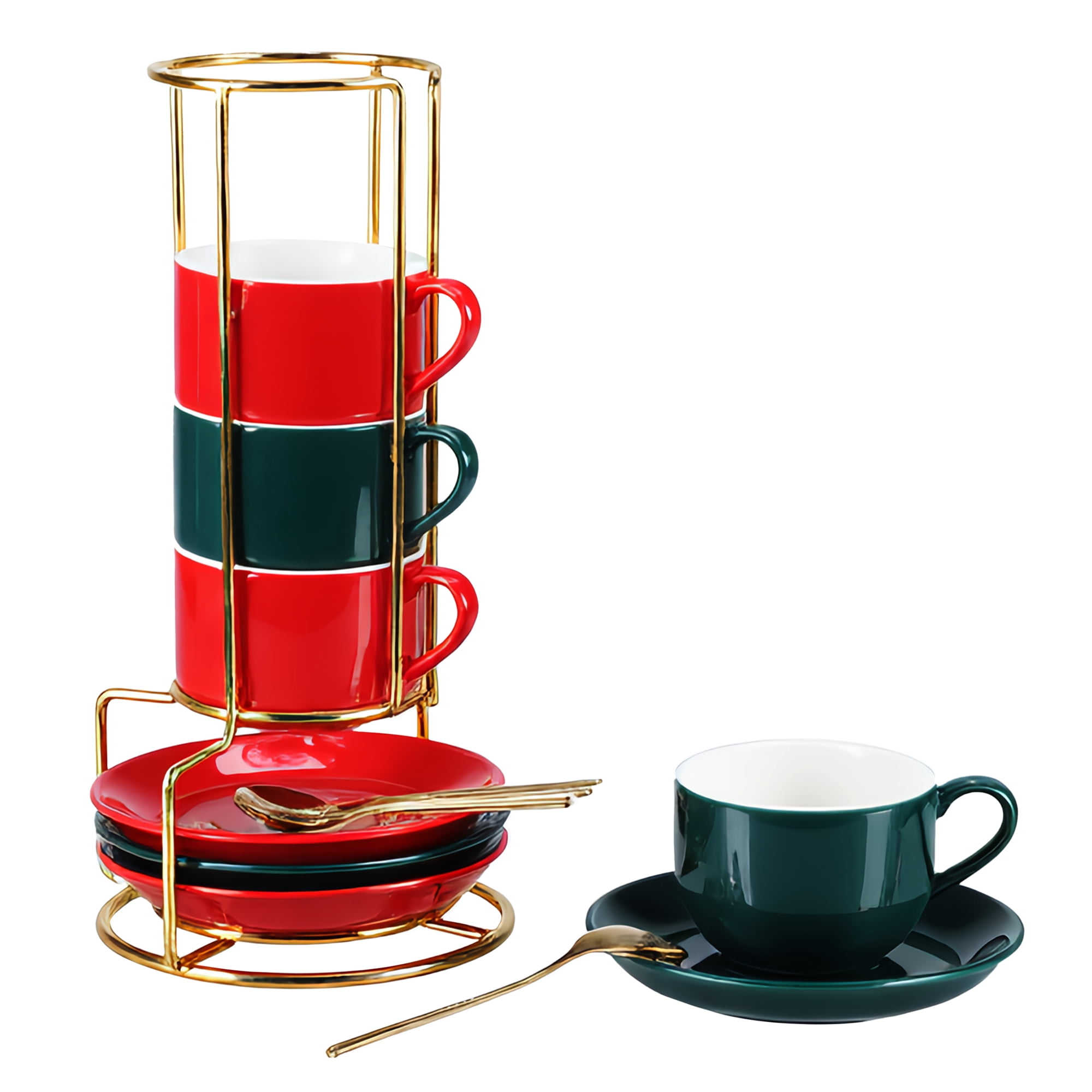 Unique Bargains 3 Ounce Espresso Cups Set of 4 Stackable Demitasse Mugs Includes Display Stand Cups Saucers and Spoons for Machines & Home Use Red Green Gold Tone
