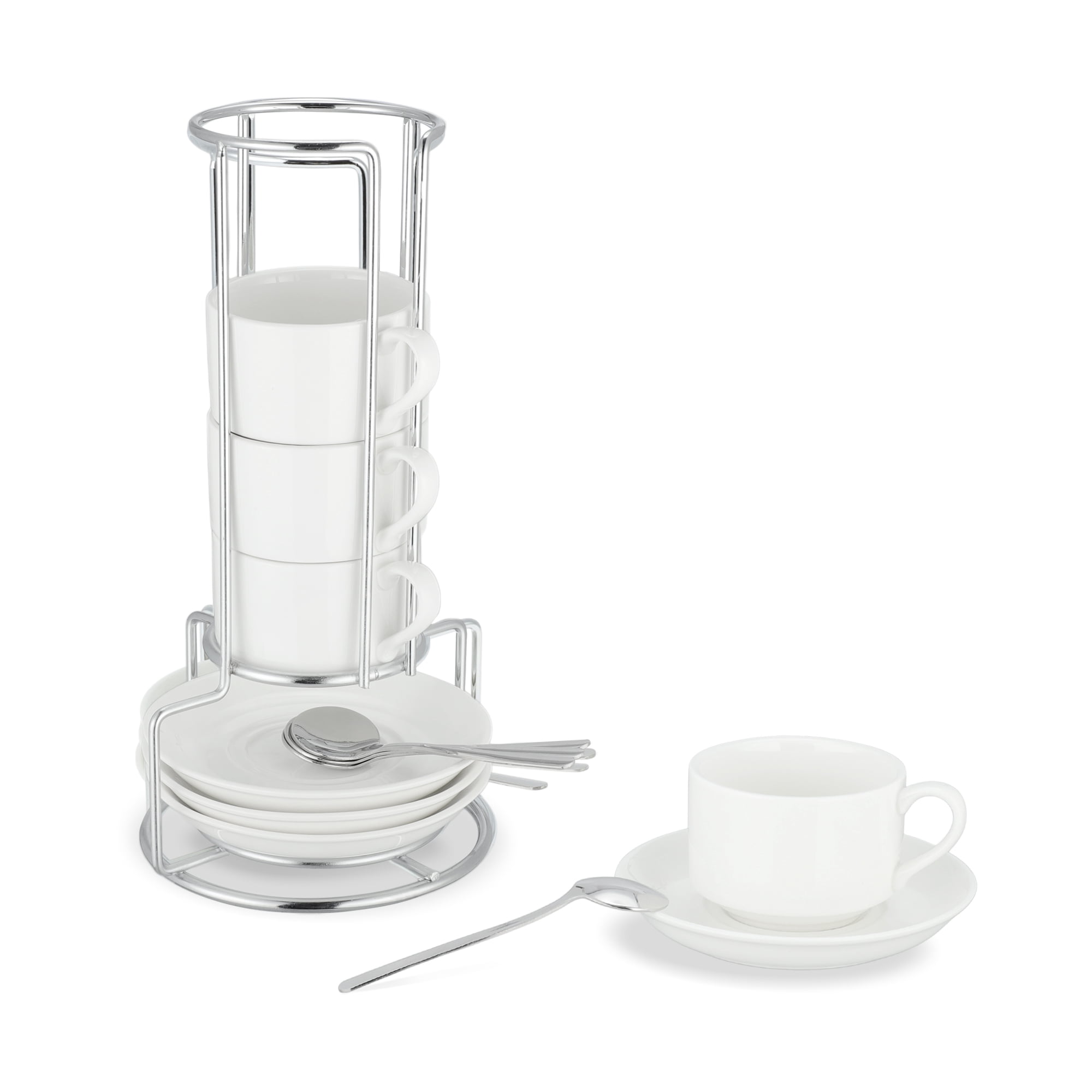 Unique Bargains 3 Ounce Espresso Cups Set of 4 Stackable Demitasse Mugs Includes Display Stand Cups Saucers and Spoons for Machines & Home Use White Silver Tone