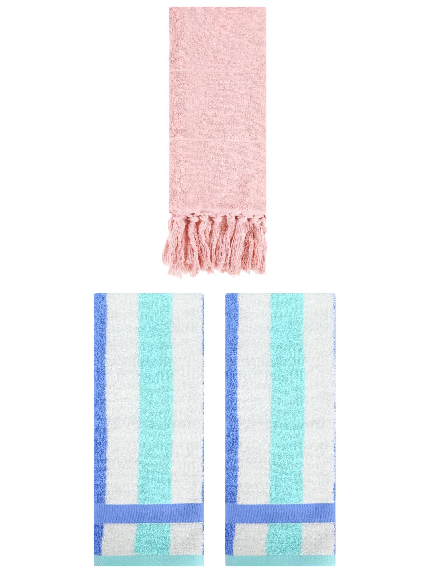 Unique Bargains 3 Pack Absorbent Comfy Hand Towel Pink/Blue Green 14"x30"/13"x29"