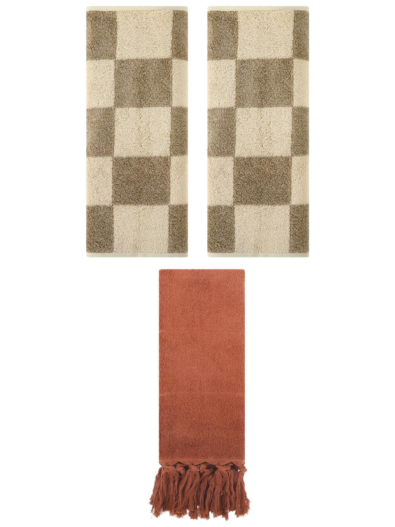 Unique Bargains 3 Pack Checkered Tassels Hand Towel Brown 14"x30"/14"x28"