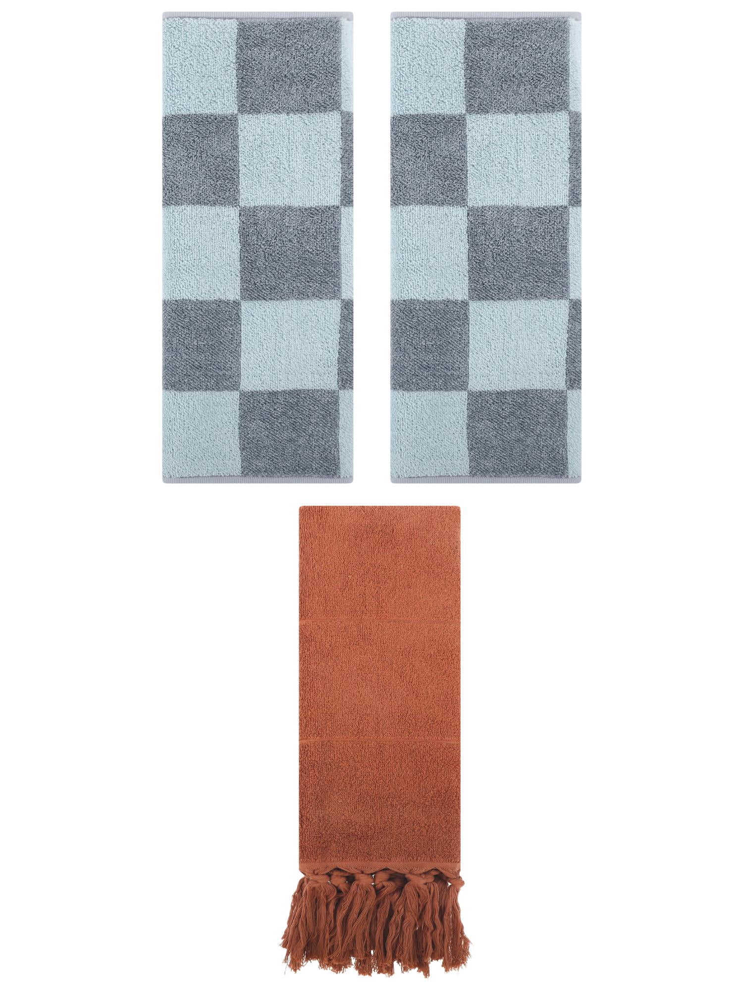 Unique Bargains 3 Pack Checkered Tassels Hand Towel Brown/Grey 14"x30"/14"x28"