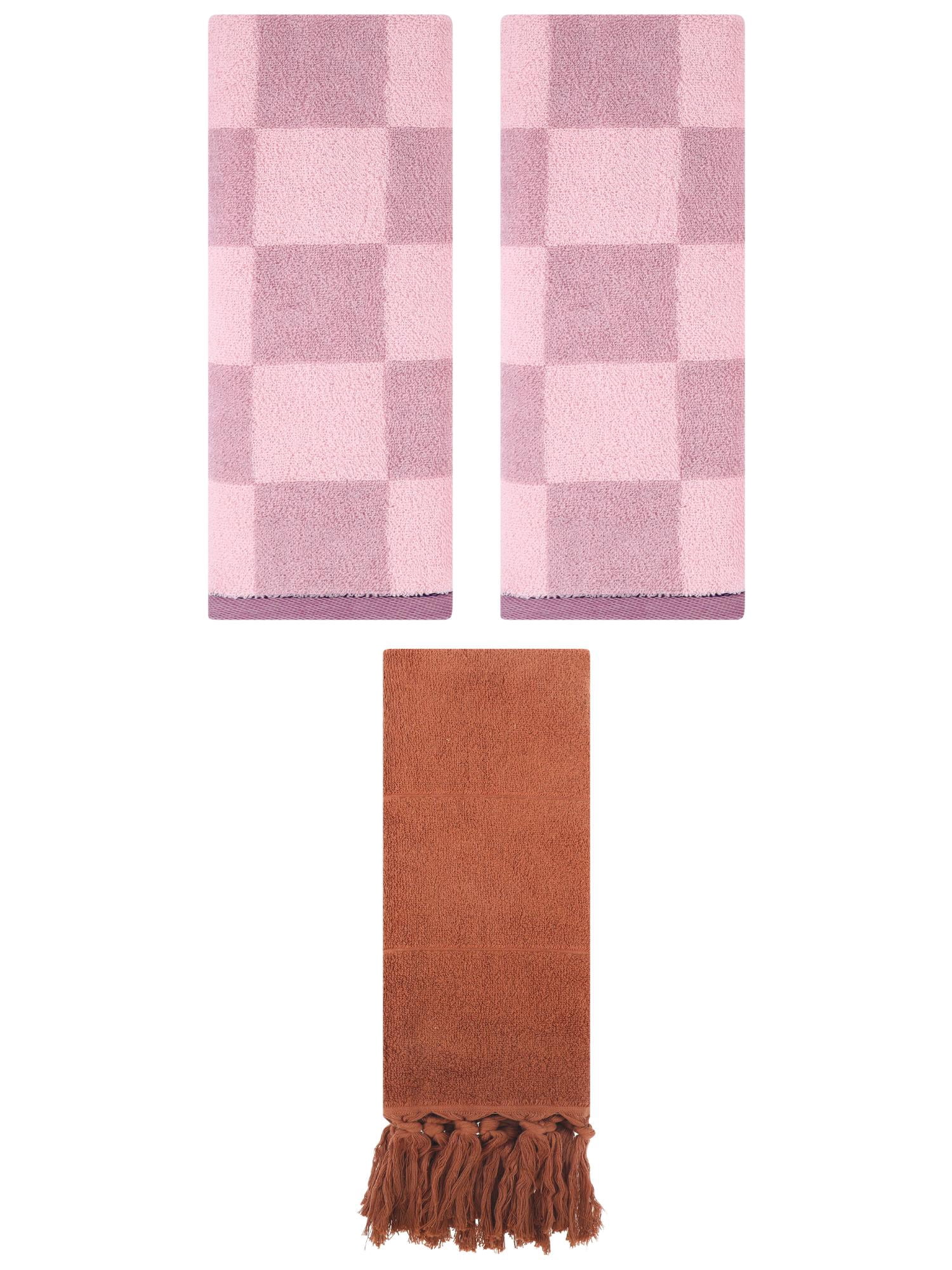 Unique Bargains 3 Pack Checkered Tassels Hand Towel Brown/Purple 14"x30"/14"x28"
