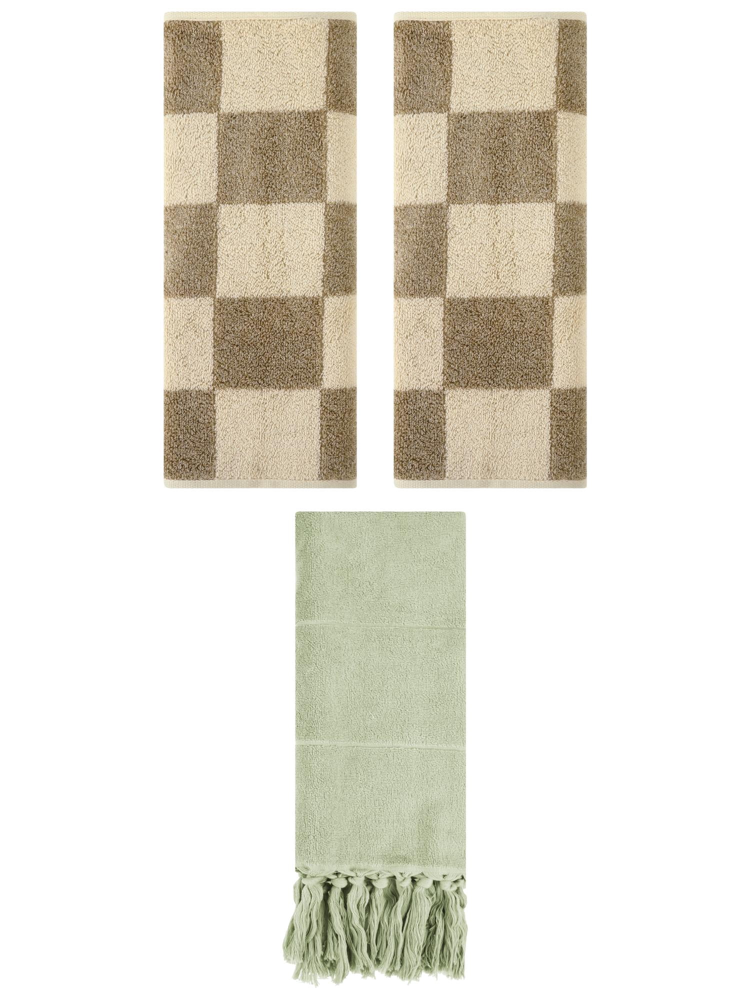 Unique Bargains 3 Pack Checkered Tassels Hand Towel Green/Brown 14"x30"/14"x28"
