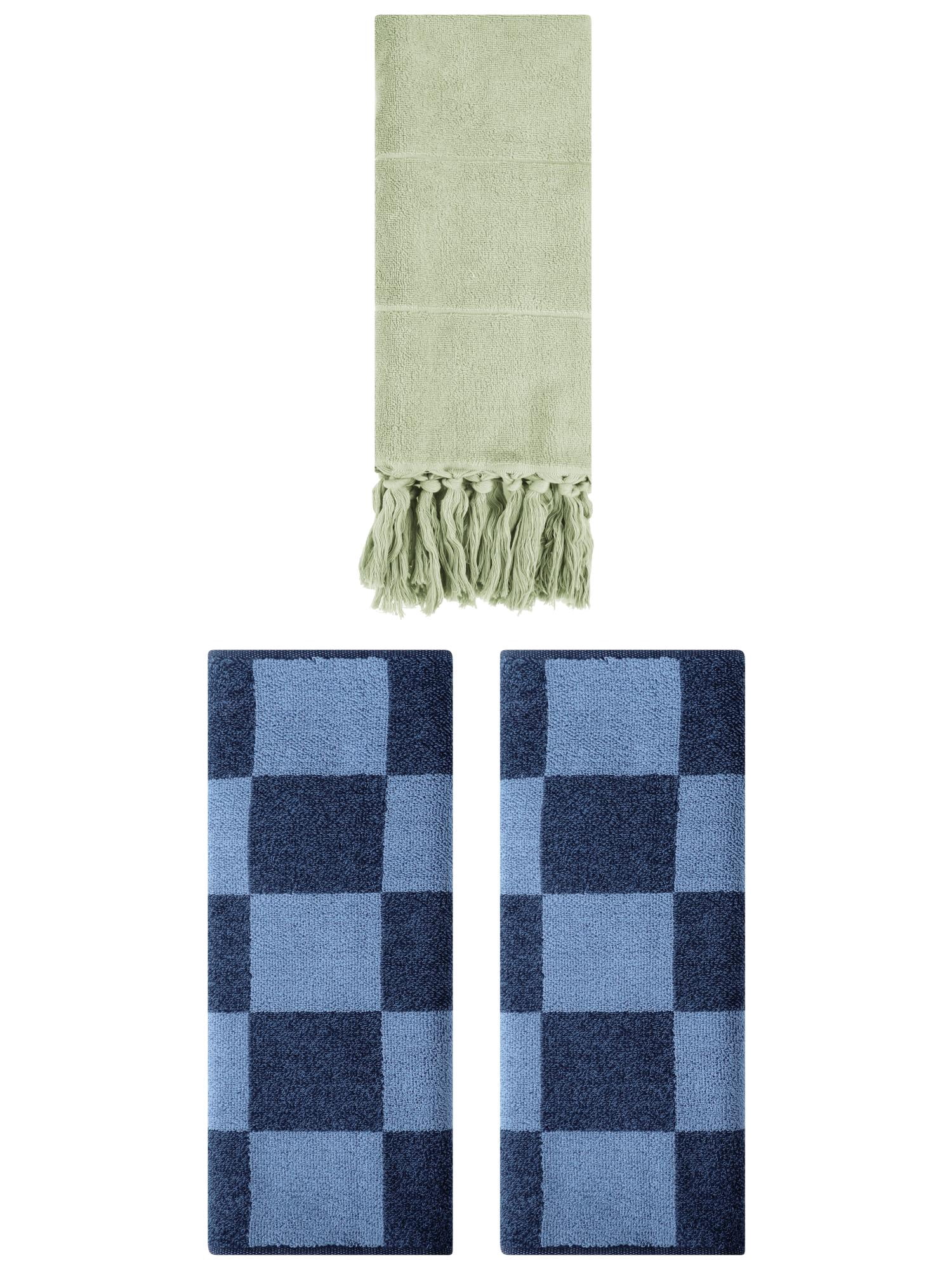 Unique Bargains 3 Pack Checkered Tassels Hand Towel Green/Dark Blue 14"x30"/14"x28"