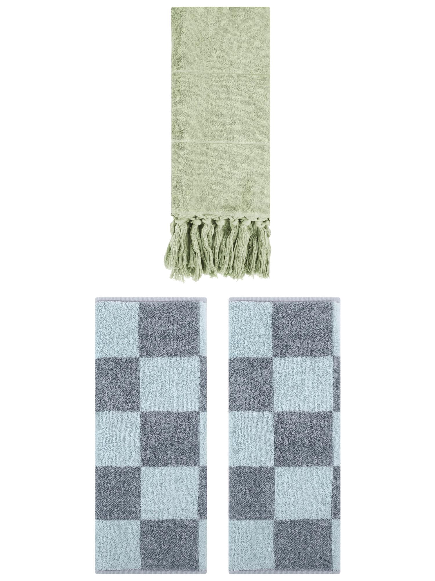 Unique Bargains 3 Pack Checkered Tassels Hand Towel Green/Grey 14"x30"/14"x28"