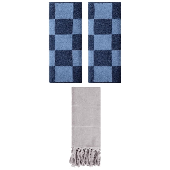 Unique Bargains 3 Pack Checkered Tassels Hand Towel Grey/Dark Blue 14"x30"/14"x28"