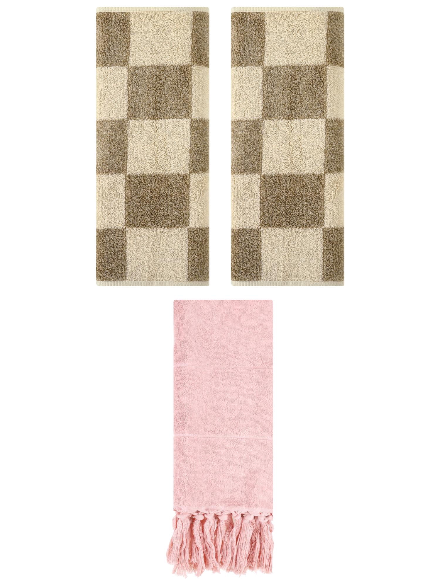 Unique Bargains 3 Pack Checkered Tassels Hand Towel Pink/Brown 14"x30"/14"x28"