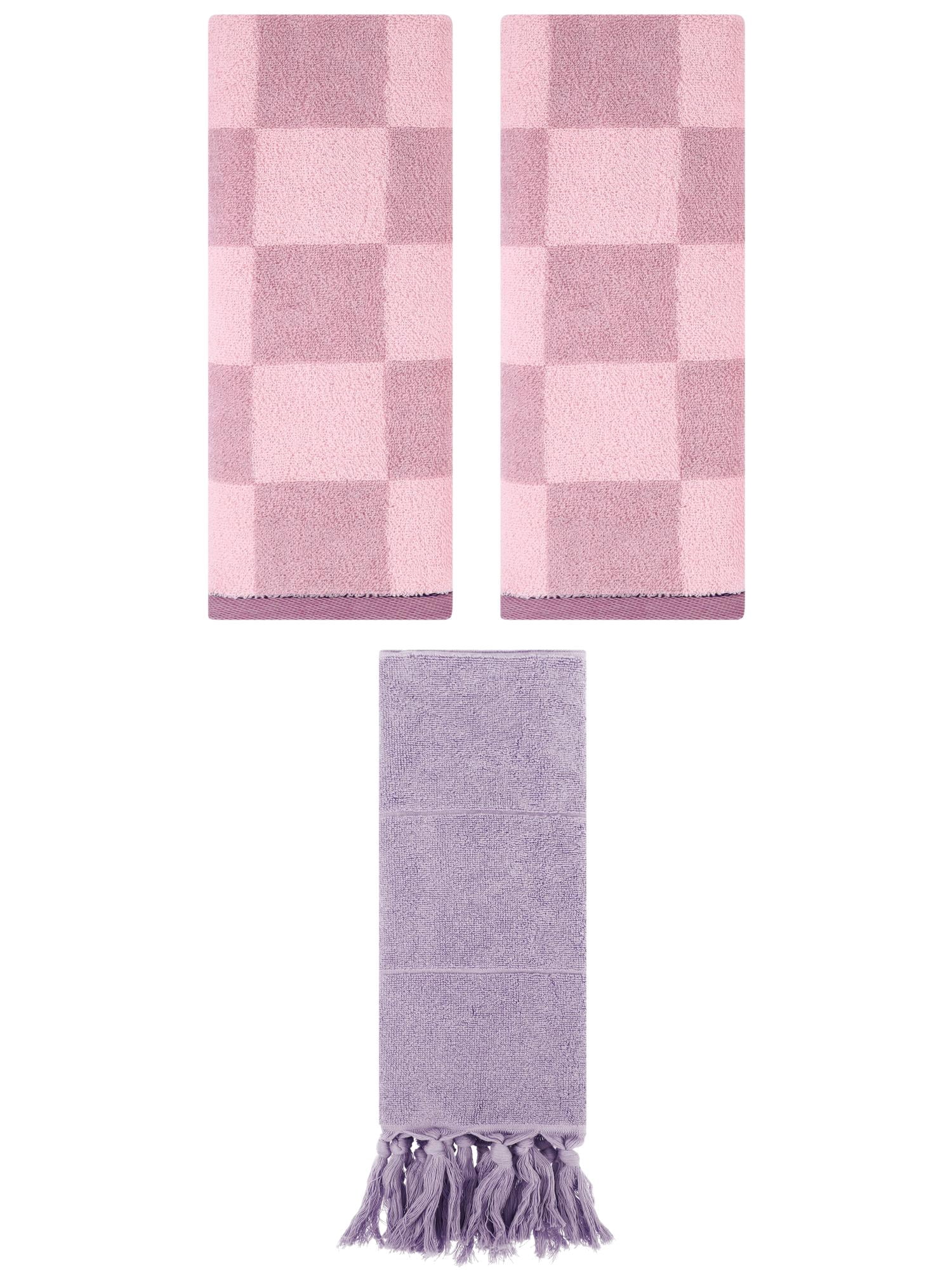 Unique Bargains 3 Pack Checkered Tassels Hand Towel Purple 14"x30"/14"x28"