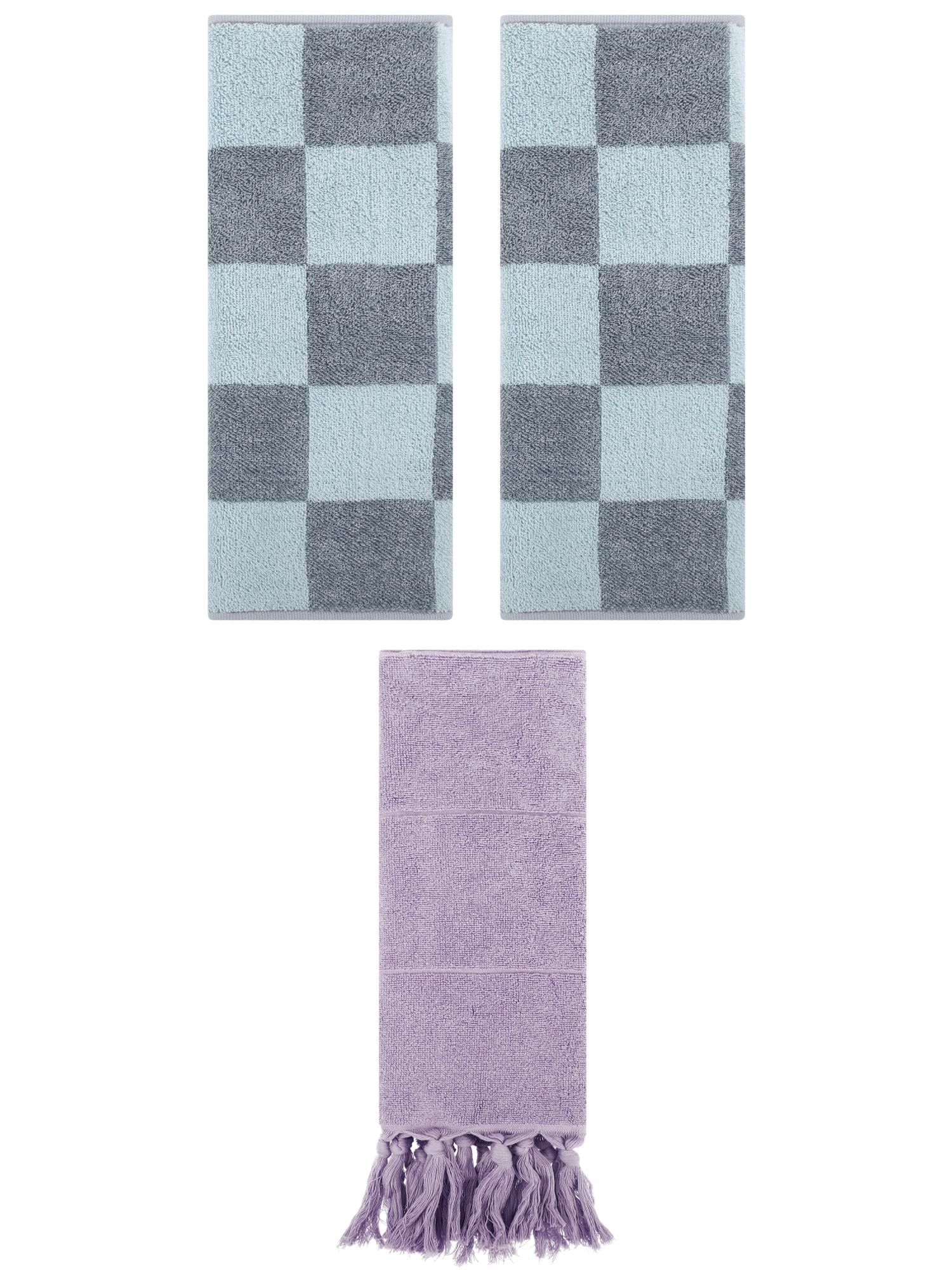 Unique Bargains 3 Pack Checkered Tassels Hand Towel Purple/Grey 14"x30"/14"x28"