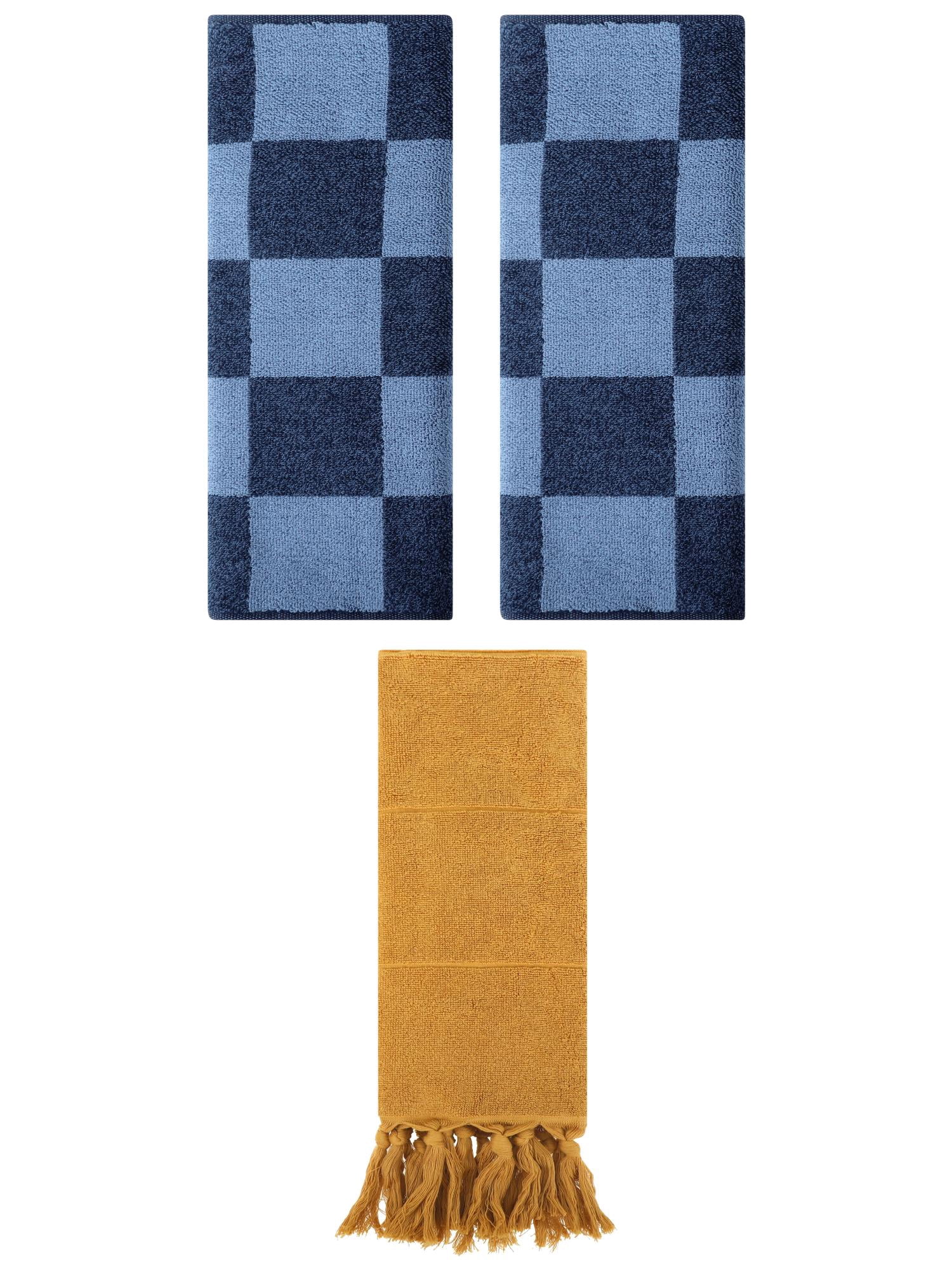 Unique Bargains 3 Pack Checkered Tassels Hand Towel Yellow/Dark Blue 14"x30"/14"x28"