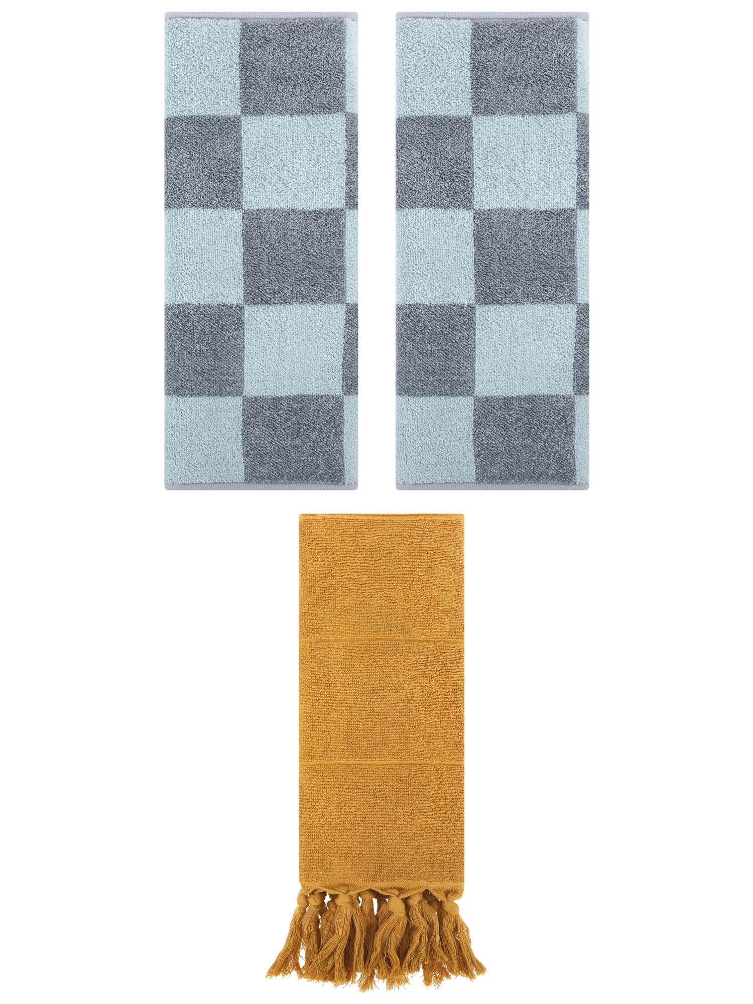Unique Bargains 3 Pack Checkered Tassels Hand Towel Yellow/Grey 14"x30"/14"x28"