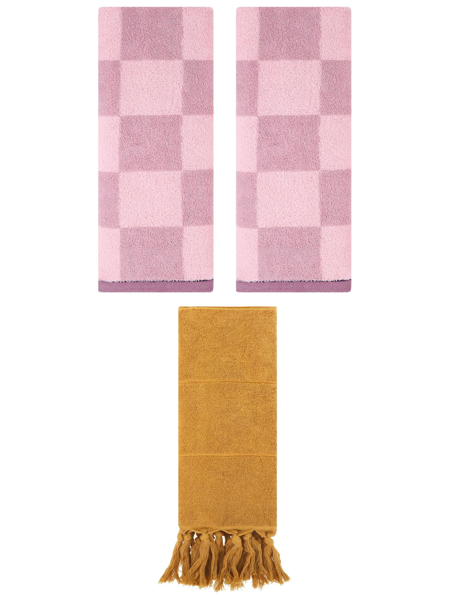 Unique Bargains 3 Pack Checkered Tassels Hand Towel Yellow/Purple 14"x30"/14"x28"