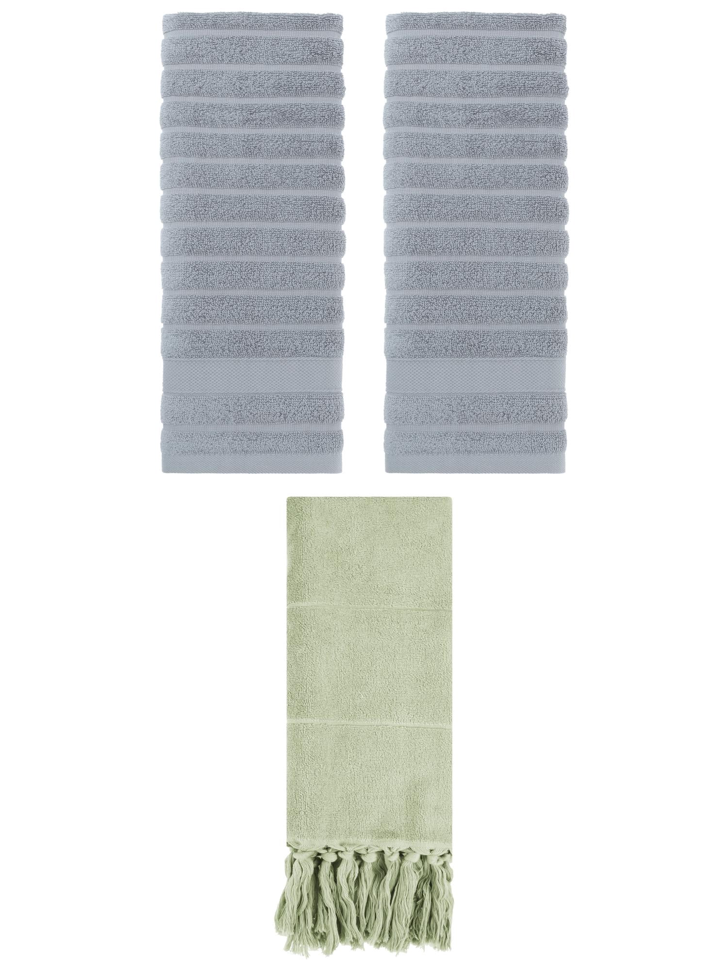 Unique Bargains 3 Pack Cotton Bathroom Hand Towels 14" x 30" Green/Grey
