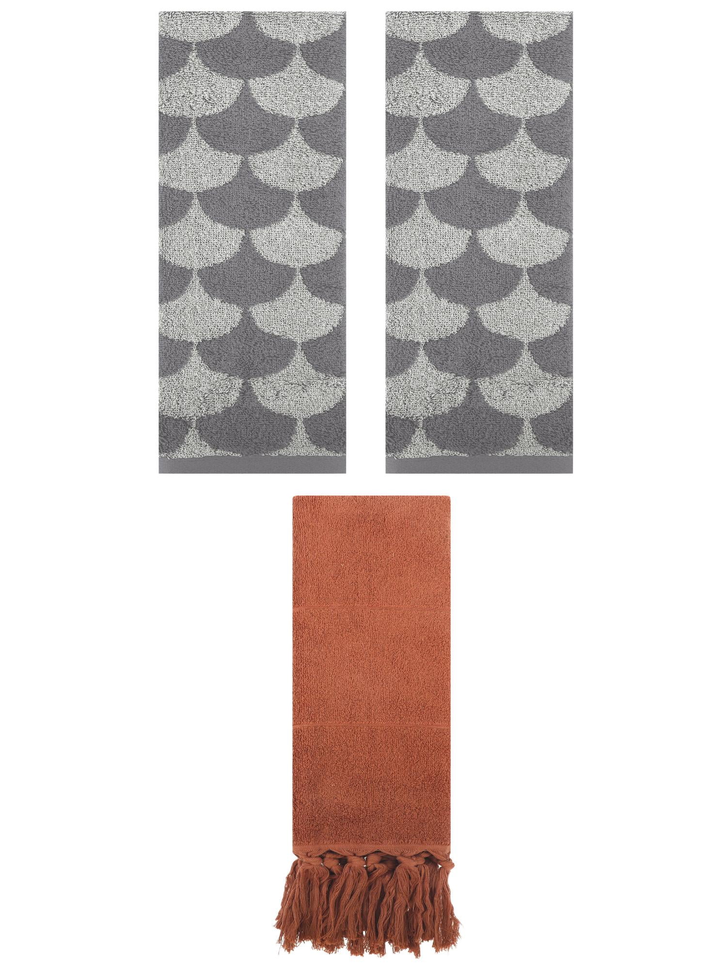 Unique Bargains 3 Pack Cotton Geometric Solid Hand Towel Brown/Grey 14"x30"/13"x29"