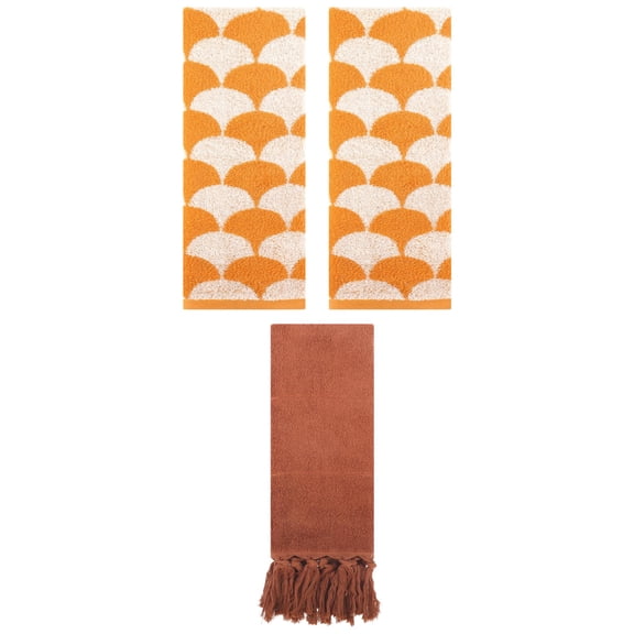 Unique Bargains 3 Pack Cotton Geometric Solid Hand Towel Brown/Orange 14"x30"/13"x29"