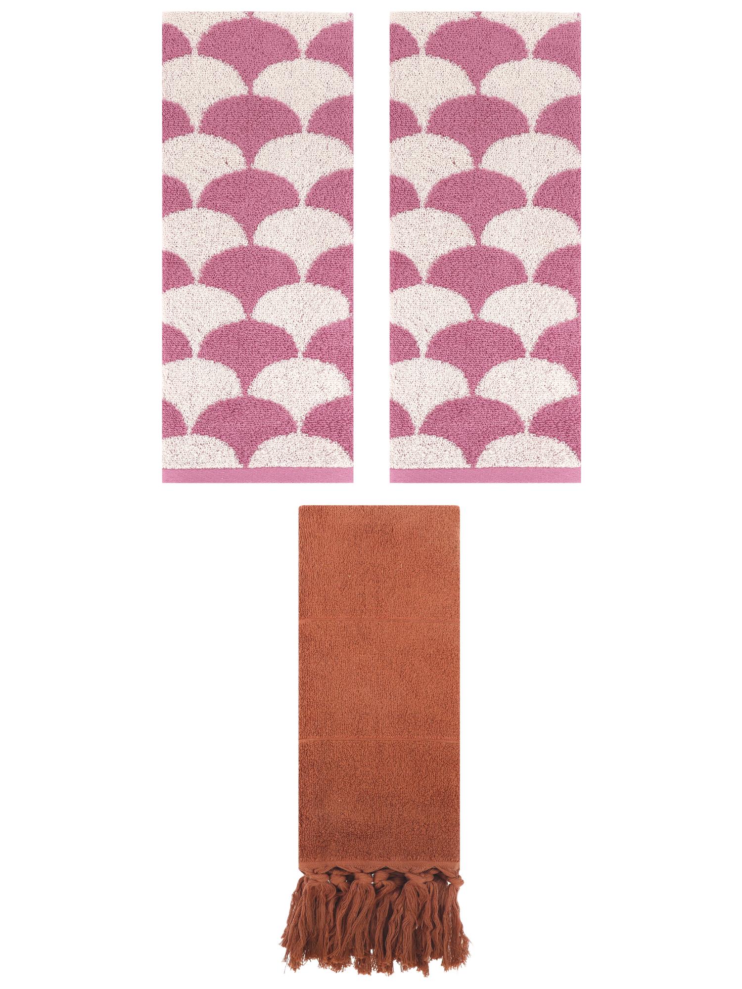 Unique Bargains 3 Pack Cotton Geometric Solid Hand Towel Brown/Pink 14"x30"/13"x29"
