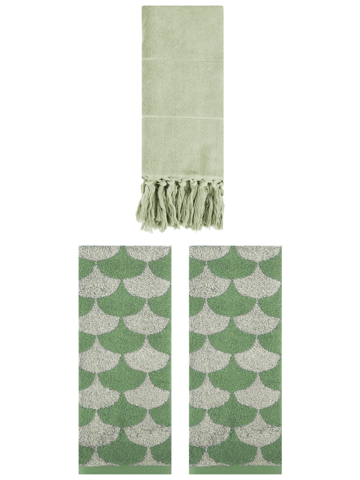 Unique Bargains 3 Pack Cotton Geometric Solid Hand Towel Green 14"x30"/13"x29"