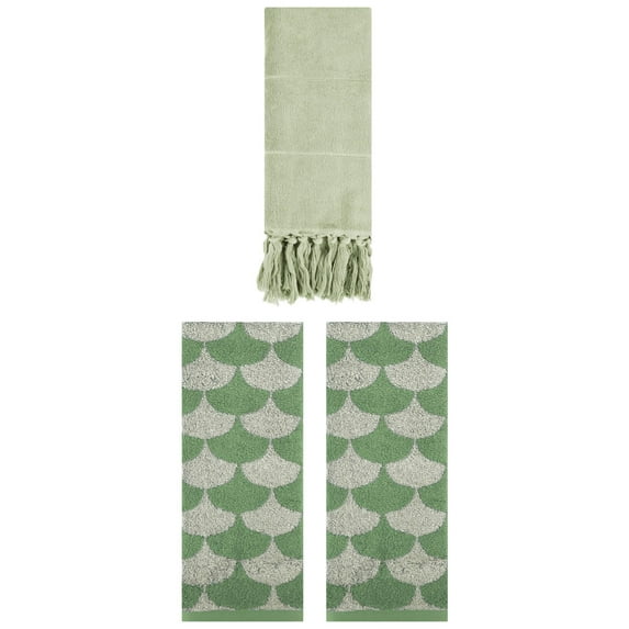 Unique Bargains 3 Pack Cotton Geometric Solid Hand Towel Green 14"x30"/13"x29"