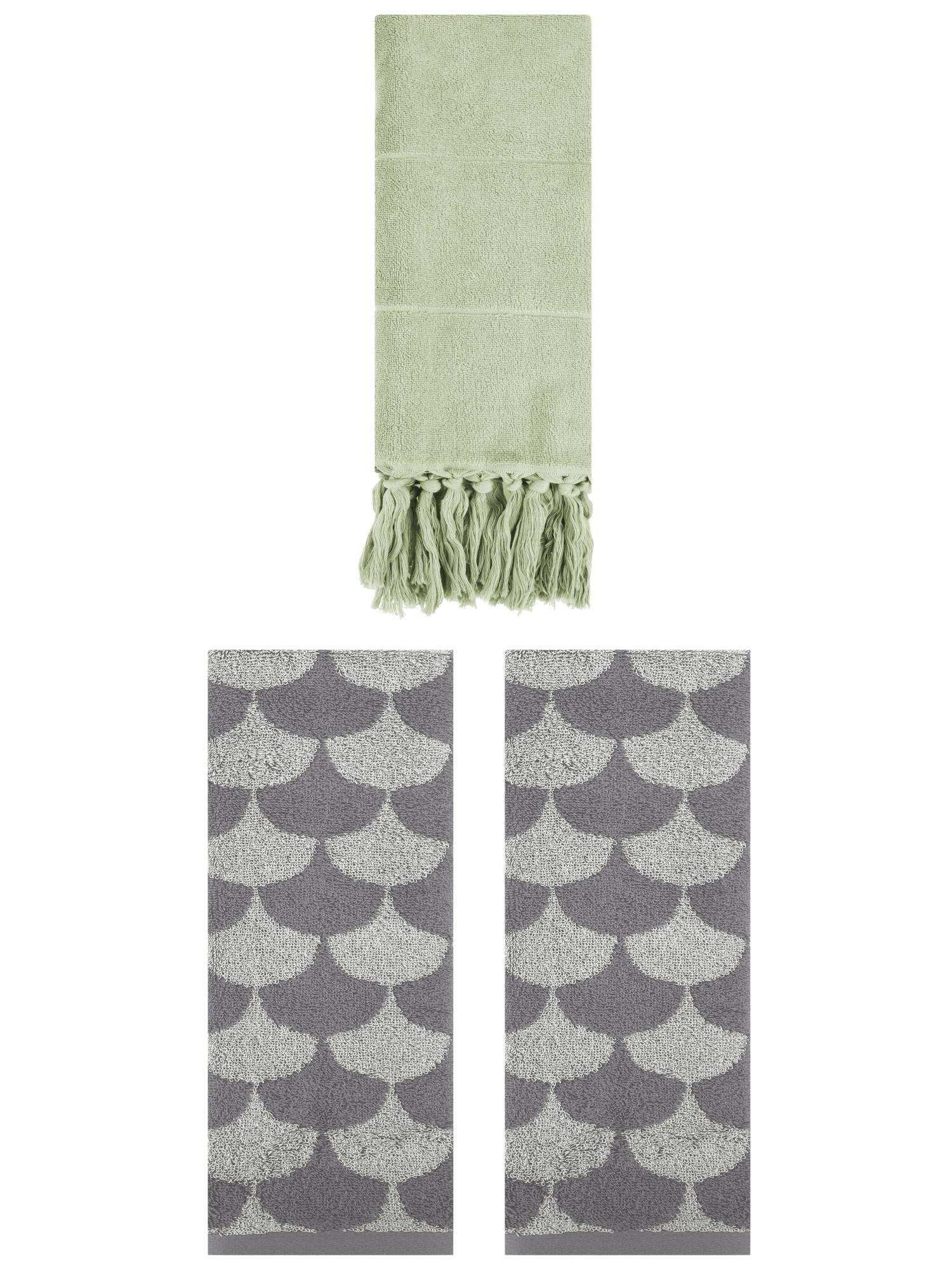 Unique Bargains 3 Pack Cotton Geometric Solid Hand Towel Green/Grey 14"x30"/13"x29"