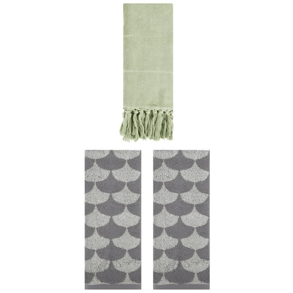 Unique Bargains 3 Pack Cotton Geometric Solid Hand Towel Green/Grey 14"x30"/13"x29"