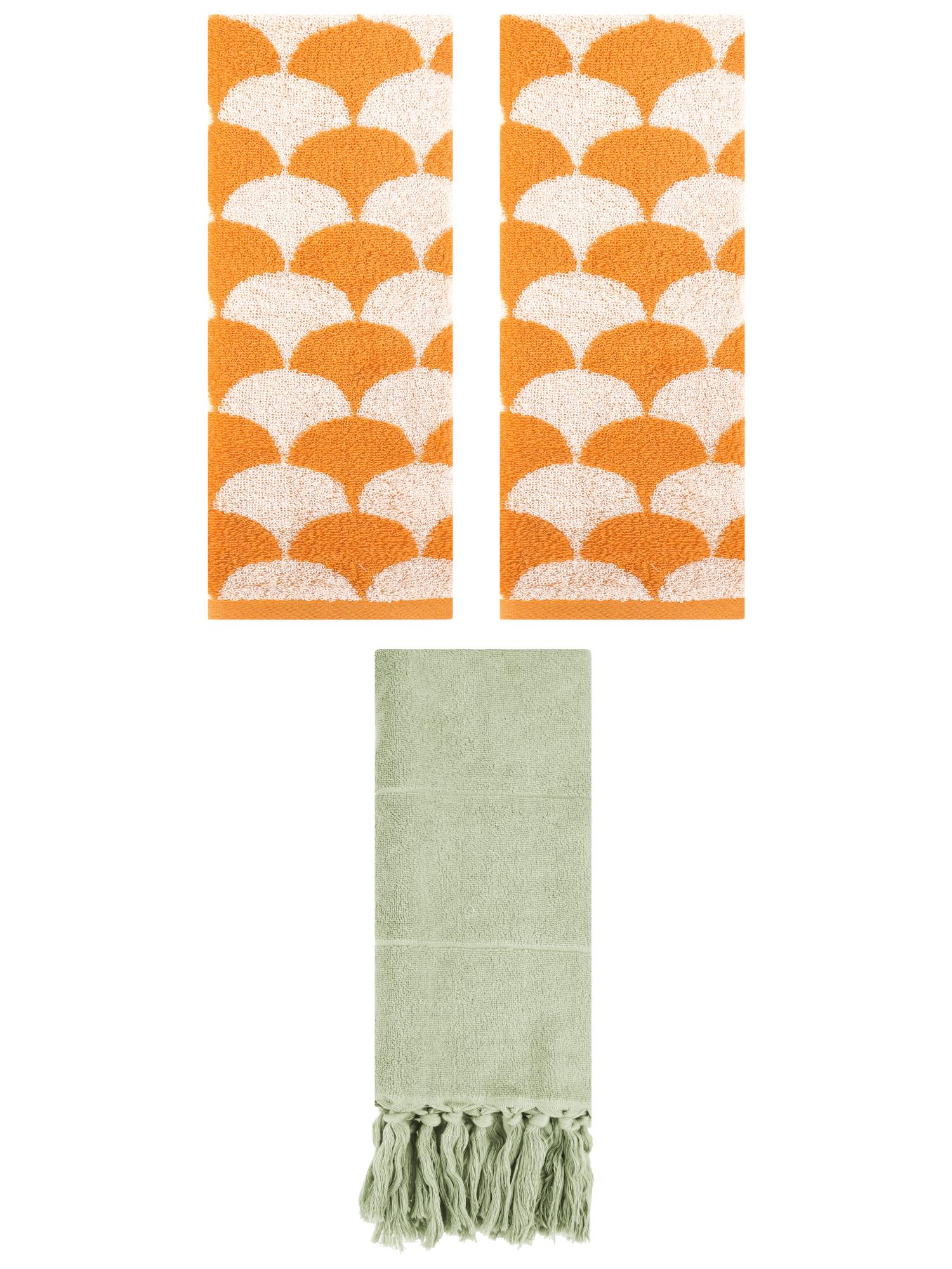 Unique Bargains 3 Pack Cotton Geometric Solid Hand Towel Green/Orange 14"x30"/13"x29"