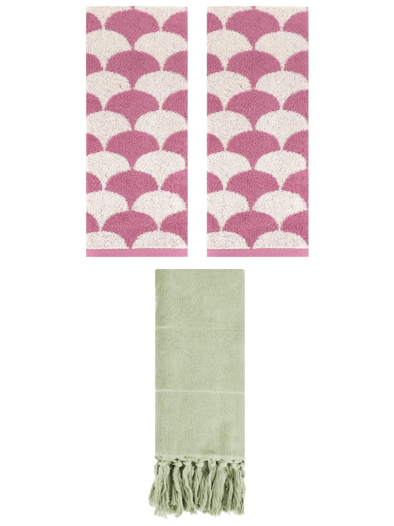 Unique Bargains 3 Pack Cotton Geometric Solid Hand Towel Green/Pink 14"x30"/13"x29"