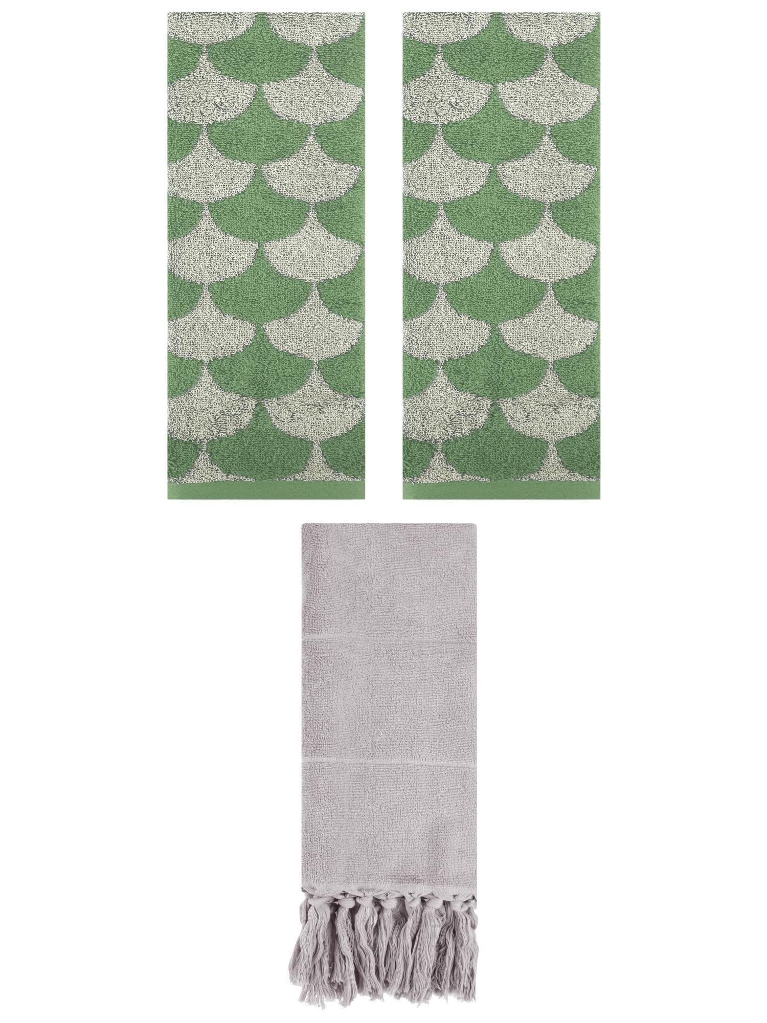 Unique Bargains 3 Pack Cotton Geometric Solid Hand Towel Grey/Green 14"x30"/13"x29"