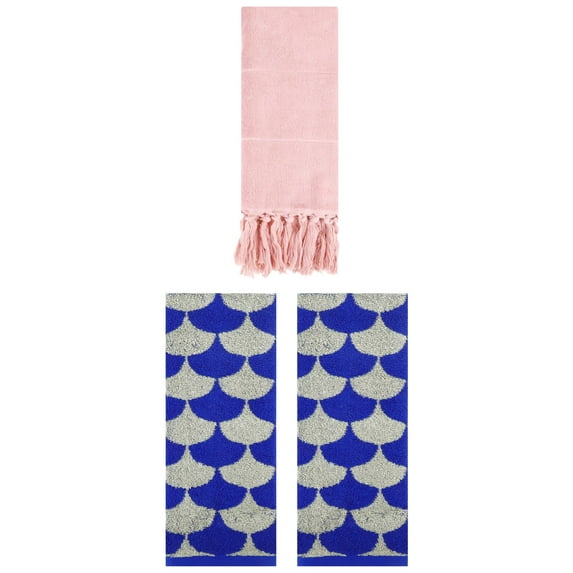 Unique Bargains 3 Pack Cotton Geometric Solid Hand Towel Pink/Blue 14"x30"/13"x29"