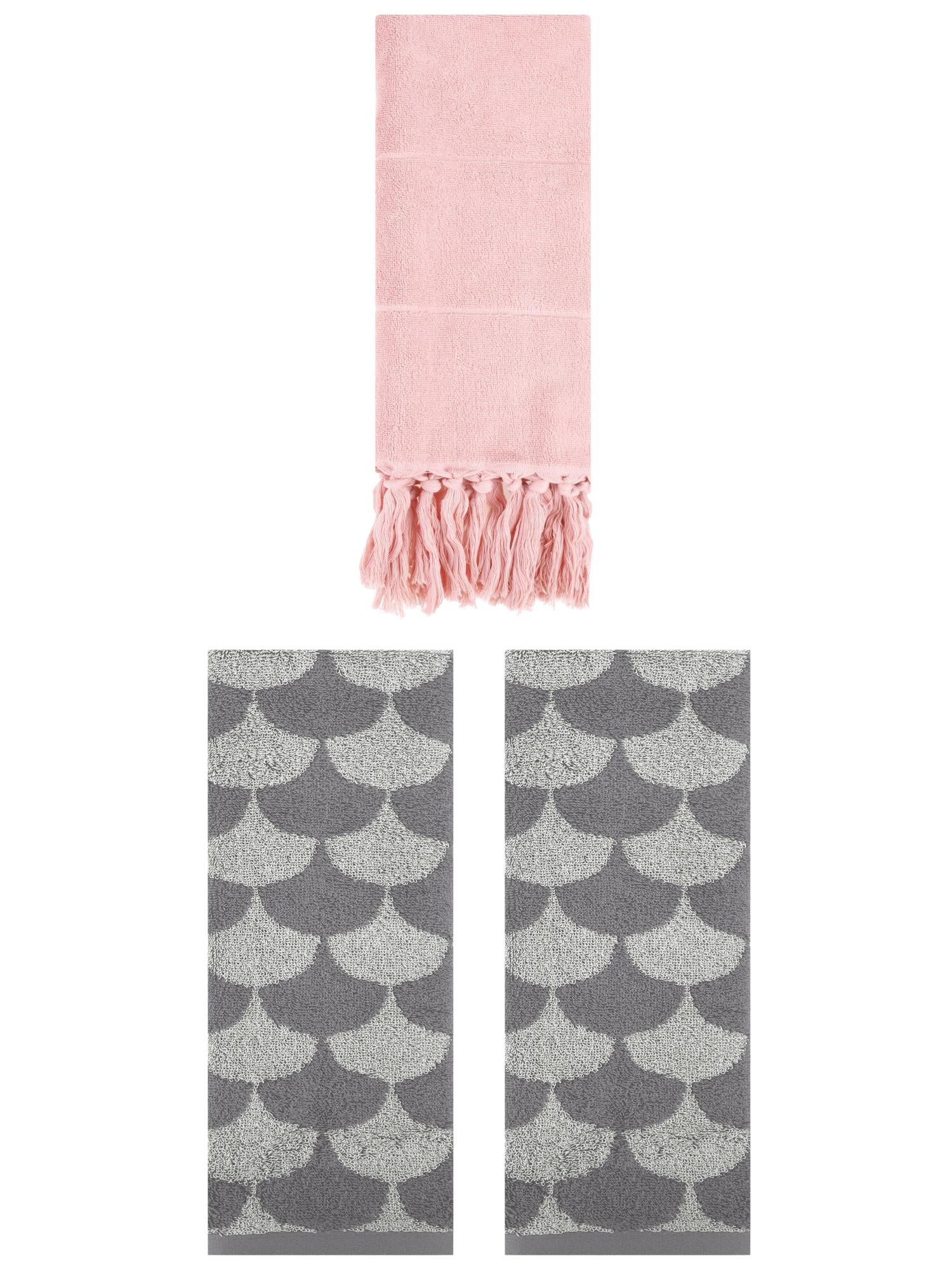 Unique Bargains 3 Pack Cotton Geometric Solid Hand Towel Pink/Grey 14"x30"/13"x29"