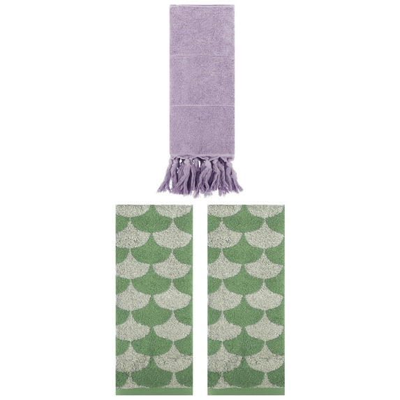 Unique Bargains 3 Pack Cotton Geometric Solid Hand Towel Purple/Green 14"x30"/13"x29"