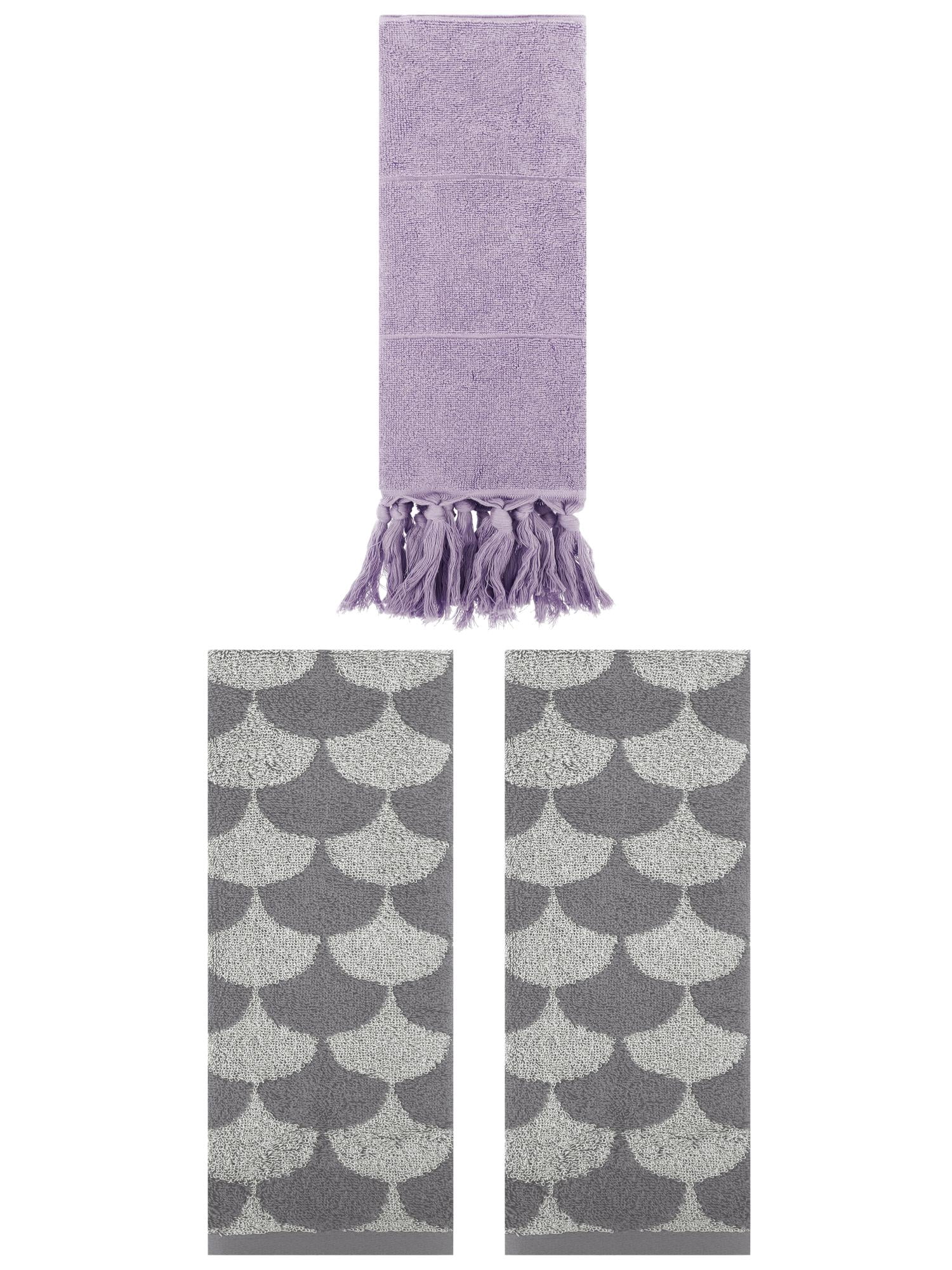 Unique Bargains 3 Pack Cotton Geometric Solid Hand Towel Purple/Grey 14"x30"/13"x29"