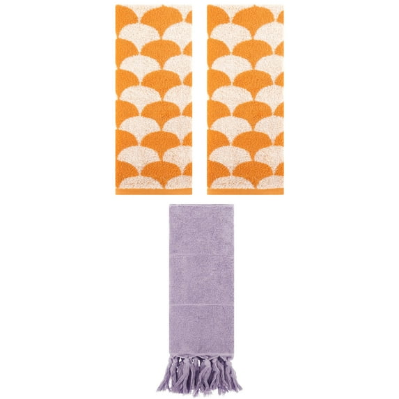 Unique Bargains 3 Pack Cotton Geometric Solid Hand Towel Purple/Orange 14"x30"/13"x29"
