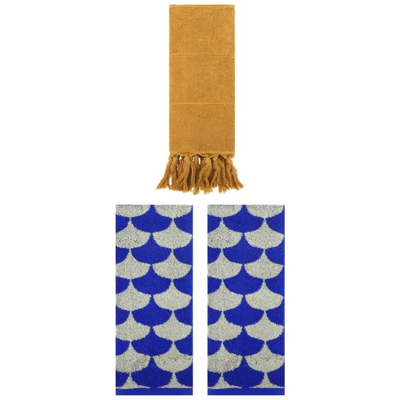 Unique Bargains 3 Pack Cotton Geometric Solid Hand Towel Yellow/Blue 14"x30"/13"x29"