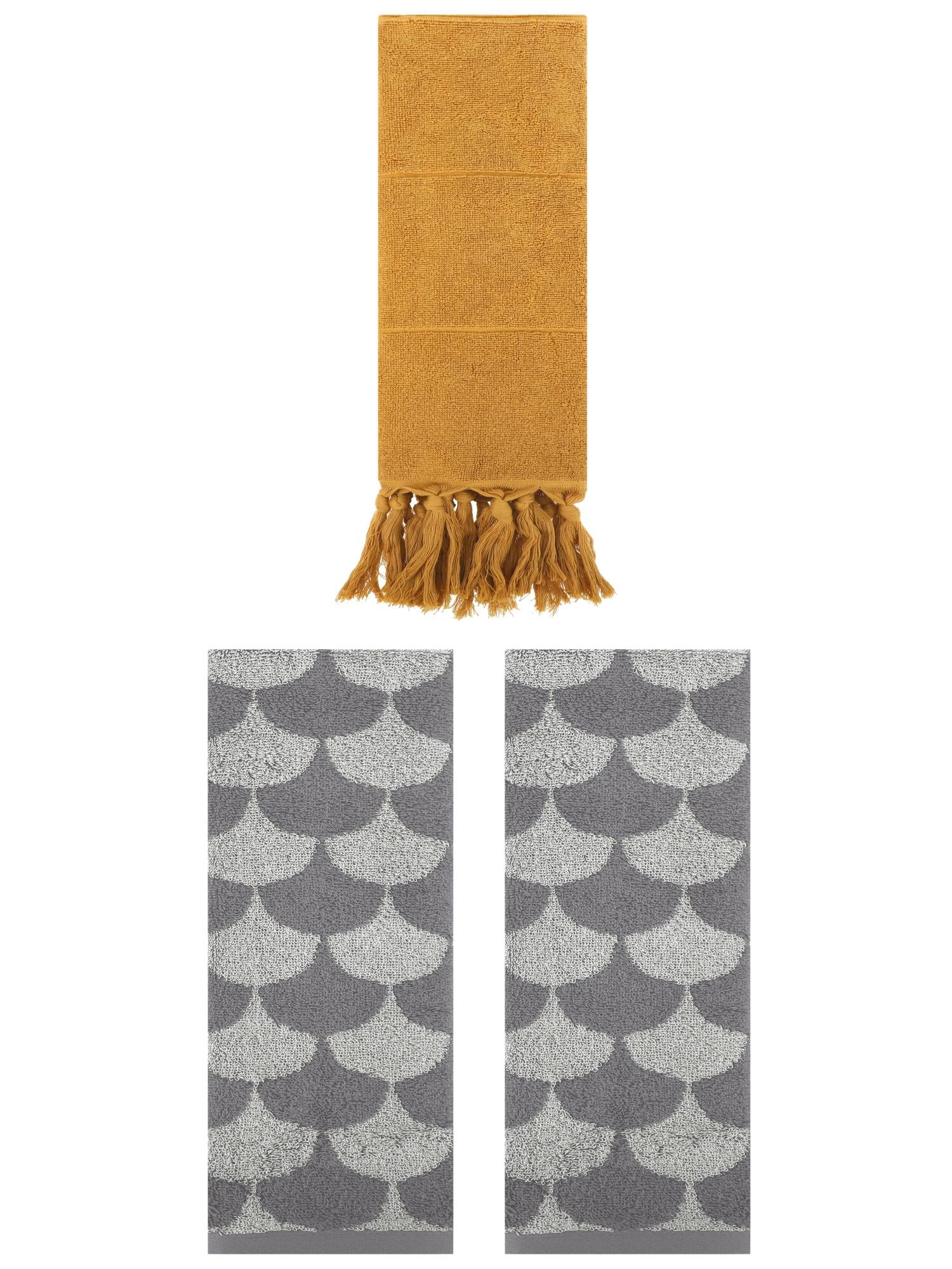 Unique Bargains 3 Pack Cotton Geometric Solid Hand Towel Yellow/Grey 14"x30"/13"x29"