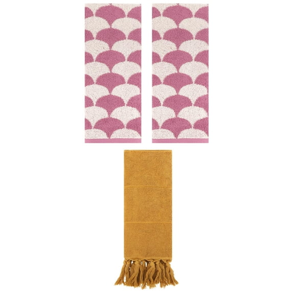 Unique Bargains 3 Pack Cotton Geometric Solid Hand Towel Yellow/Pink 14"x30"/13"x29"